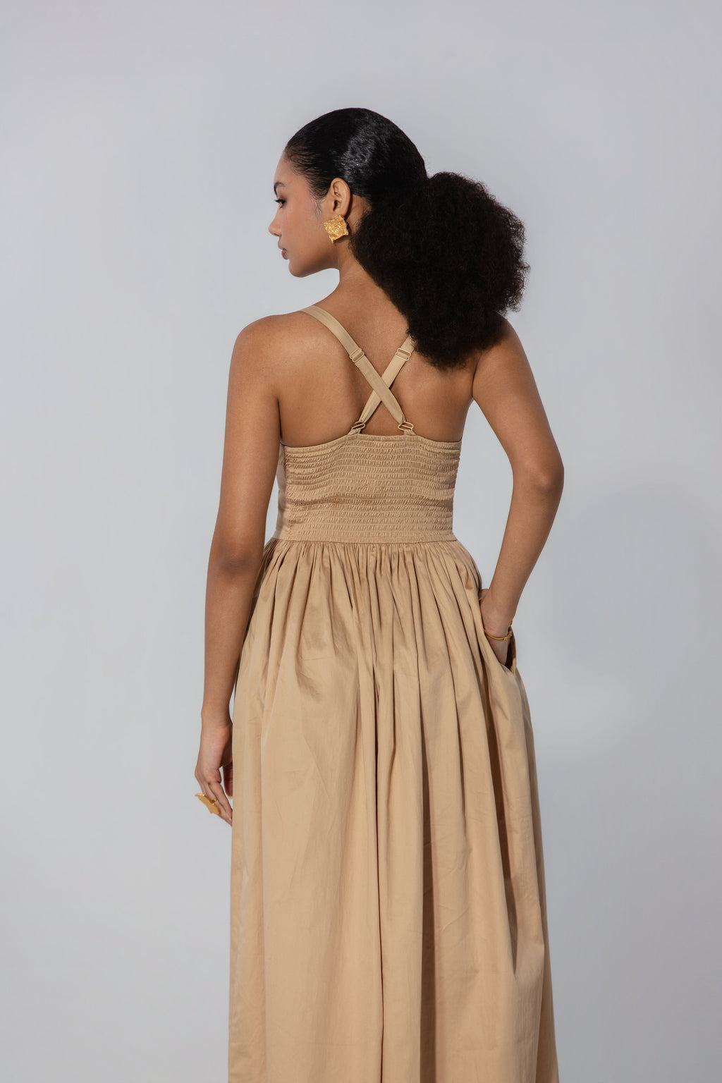 Shristy in Sand Gathered Cotton Silk Midi Dress
