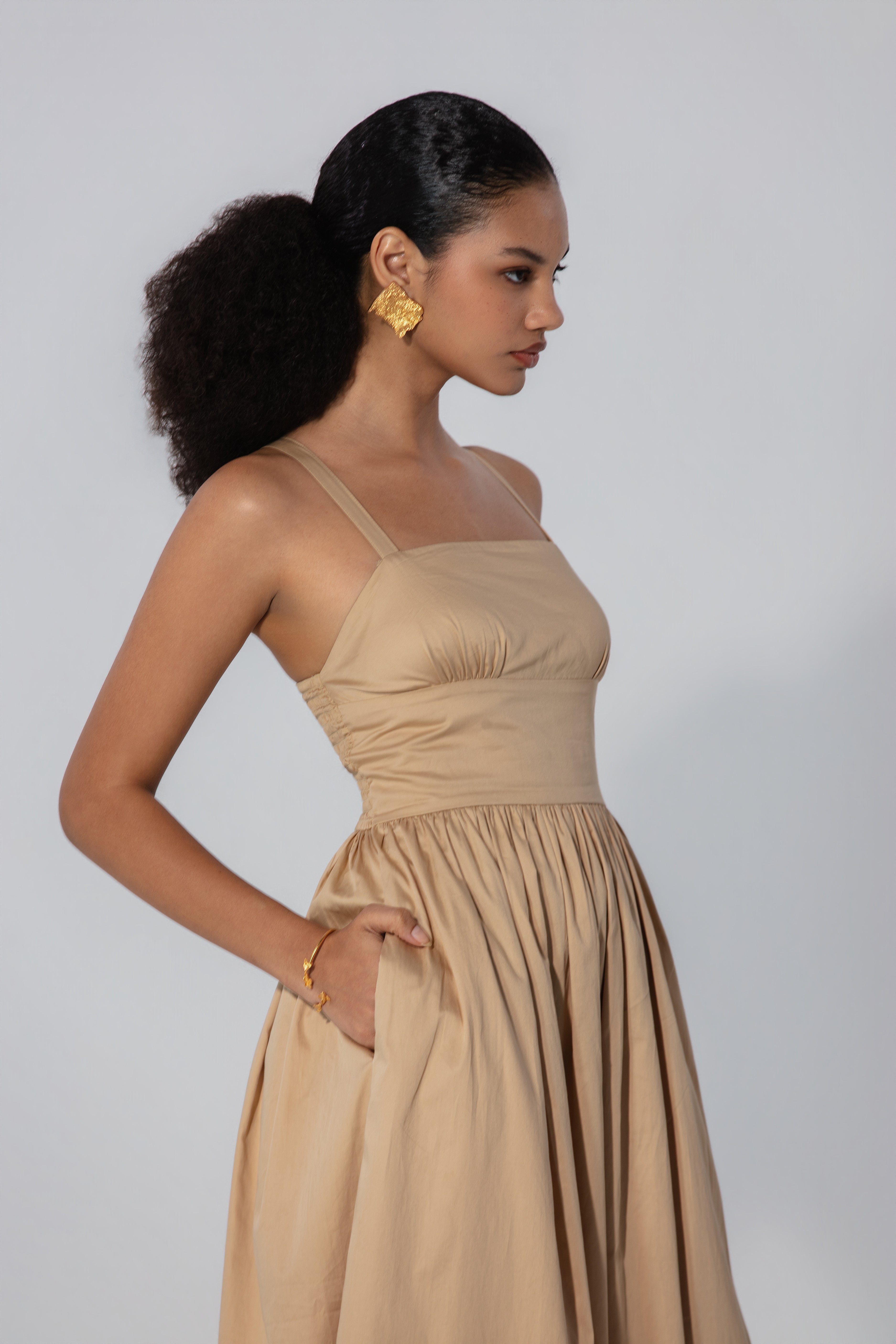 Shristy in Sand Gathered Cotton Silk Midi Dress