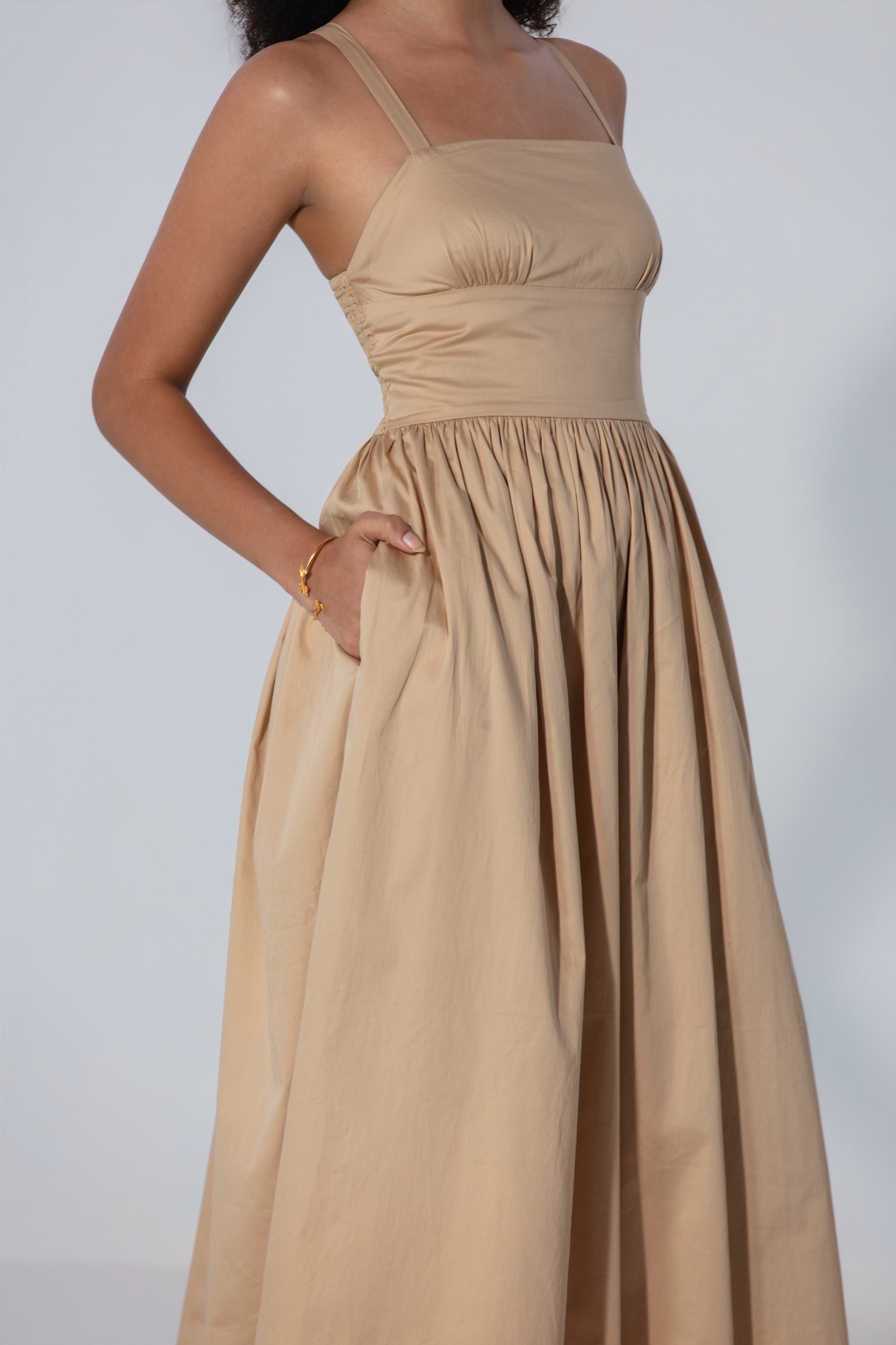 Shristy in Sand Gathered Cotton Silk Midi Dress