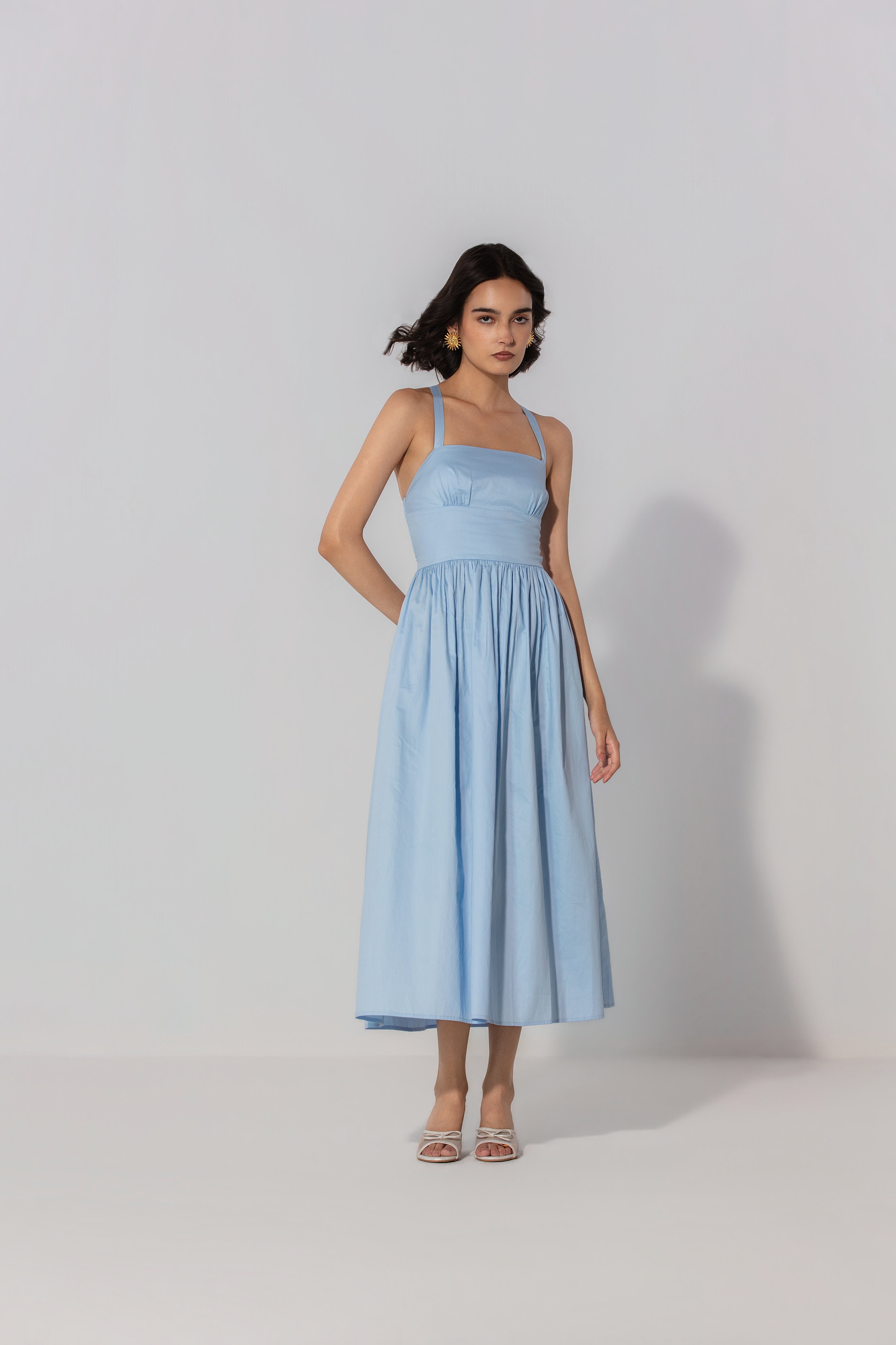Steffy in Sky Gathered Cotton Silk Midi Dress