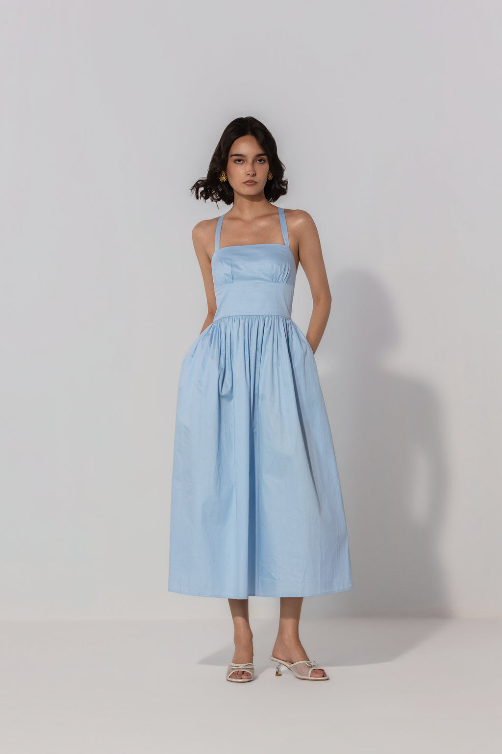 Steffy in Sky Gathered Cotton Silk Midi Dress