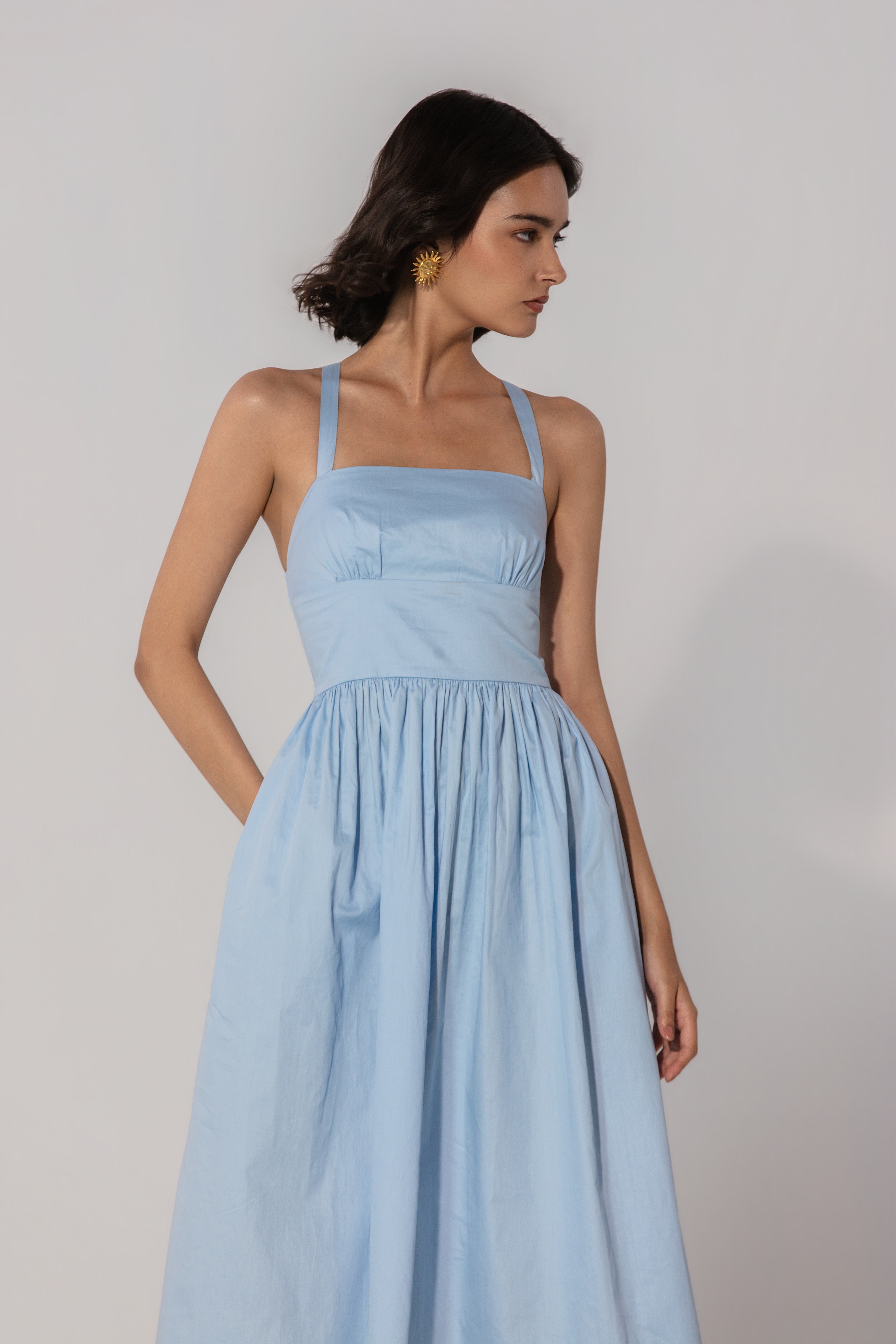 Steffy in Sky Gathered Cotton Silk Midi Dress