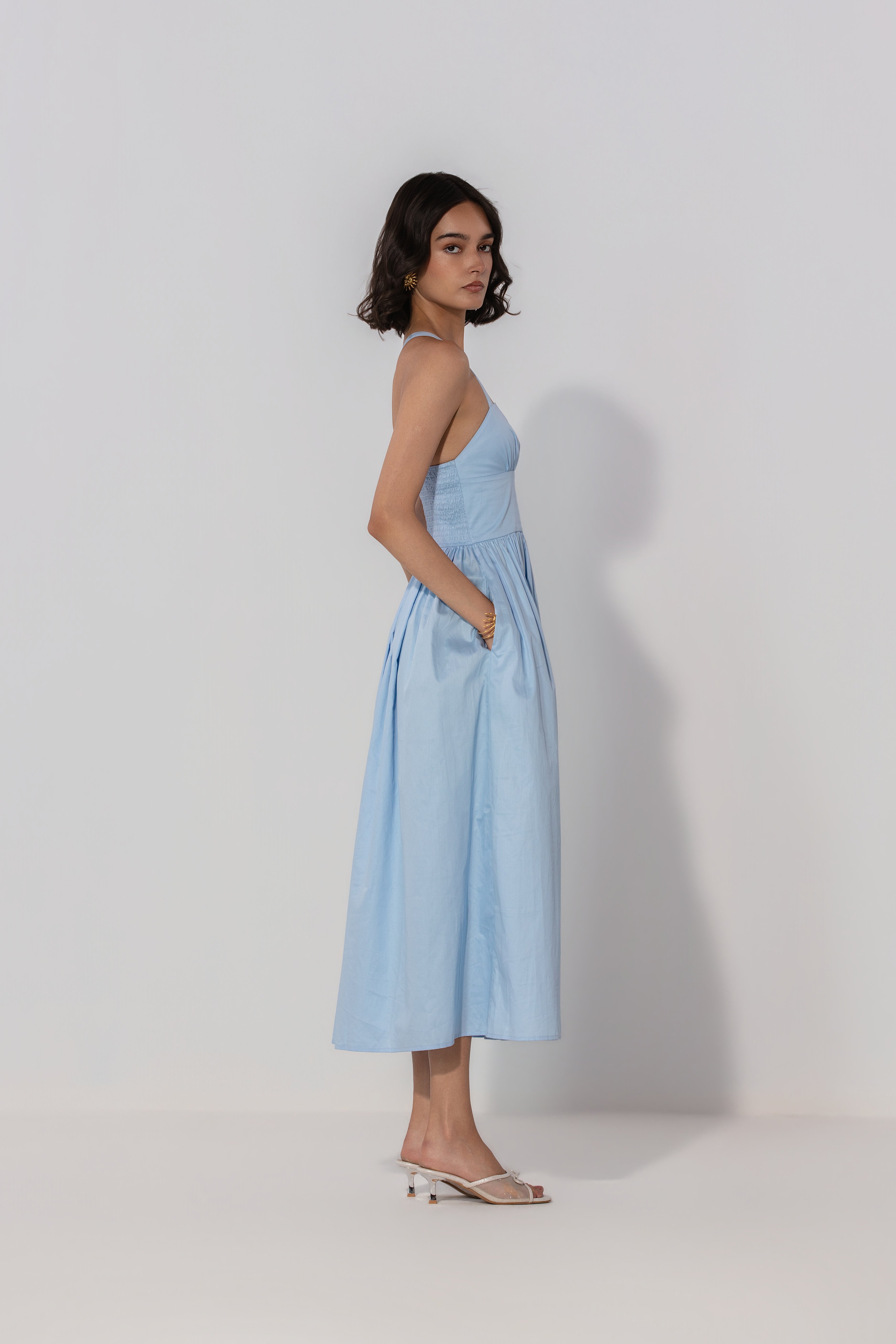 Sky Gathered Cotton Silk Midi Dress