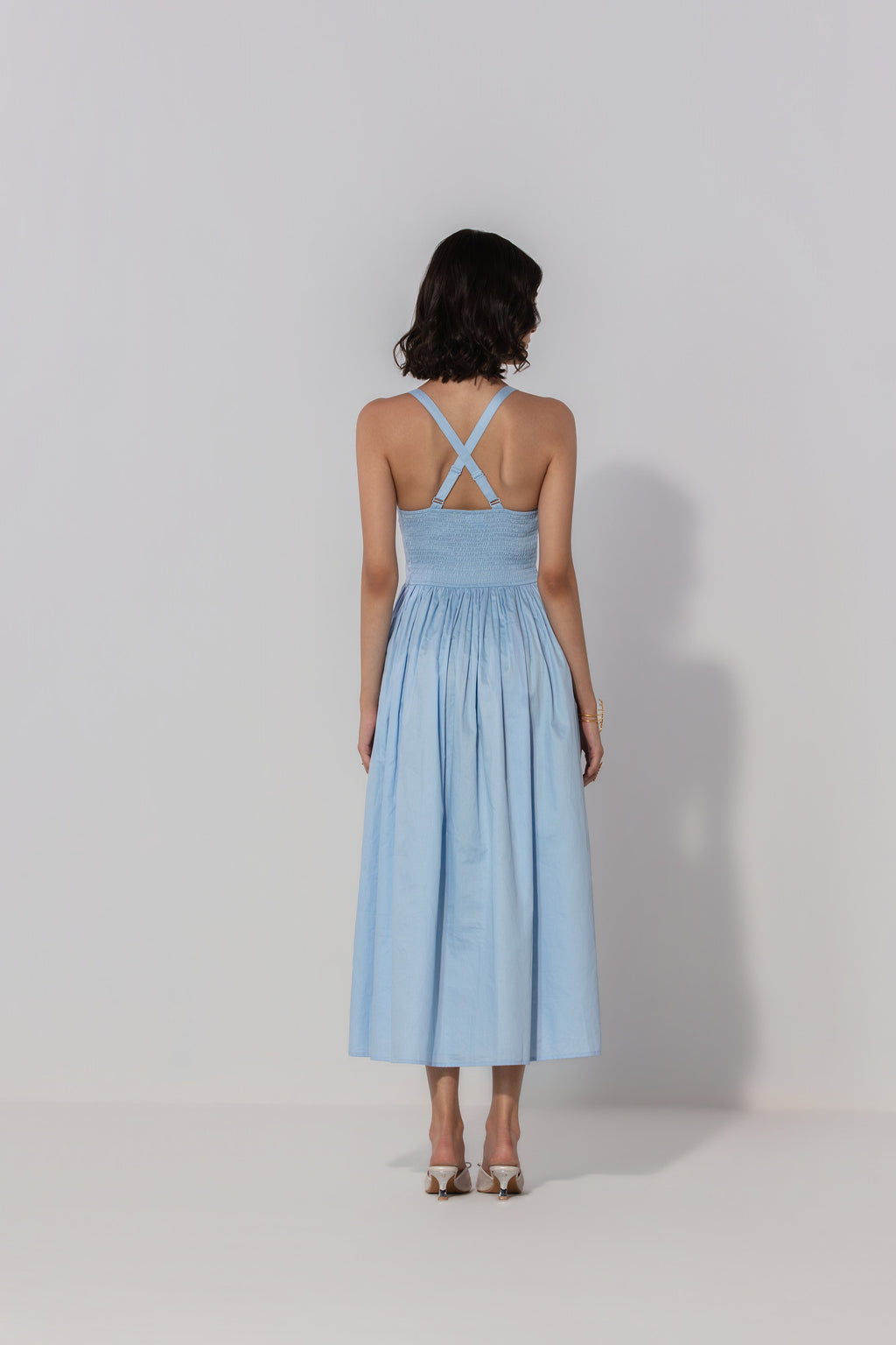 Sky Gathered Cotton Silk Midi Dress