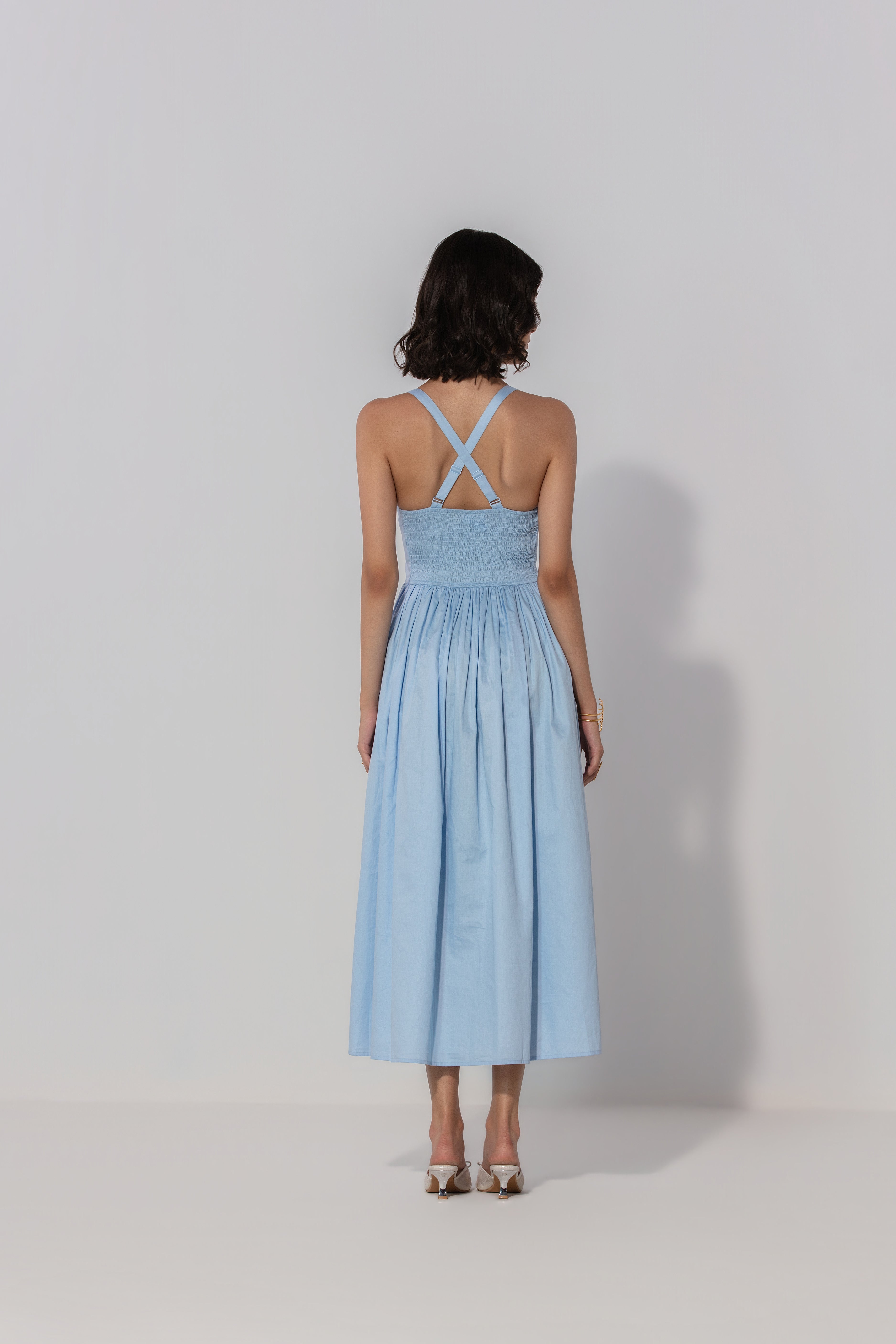 Steffy in Sky Gathered Cotton Silk Midi Dress