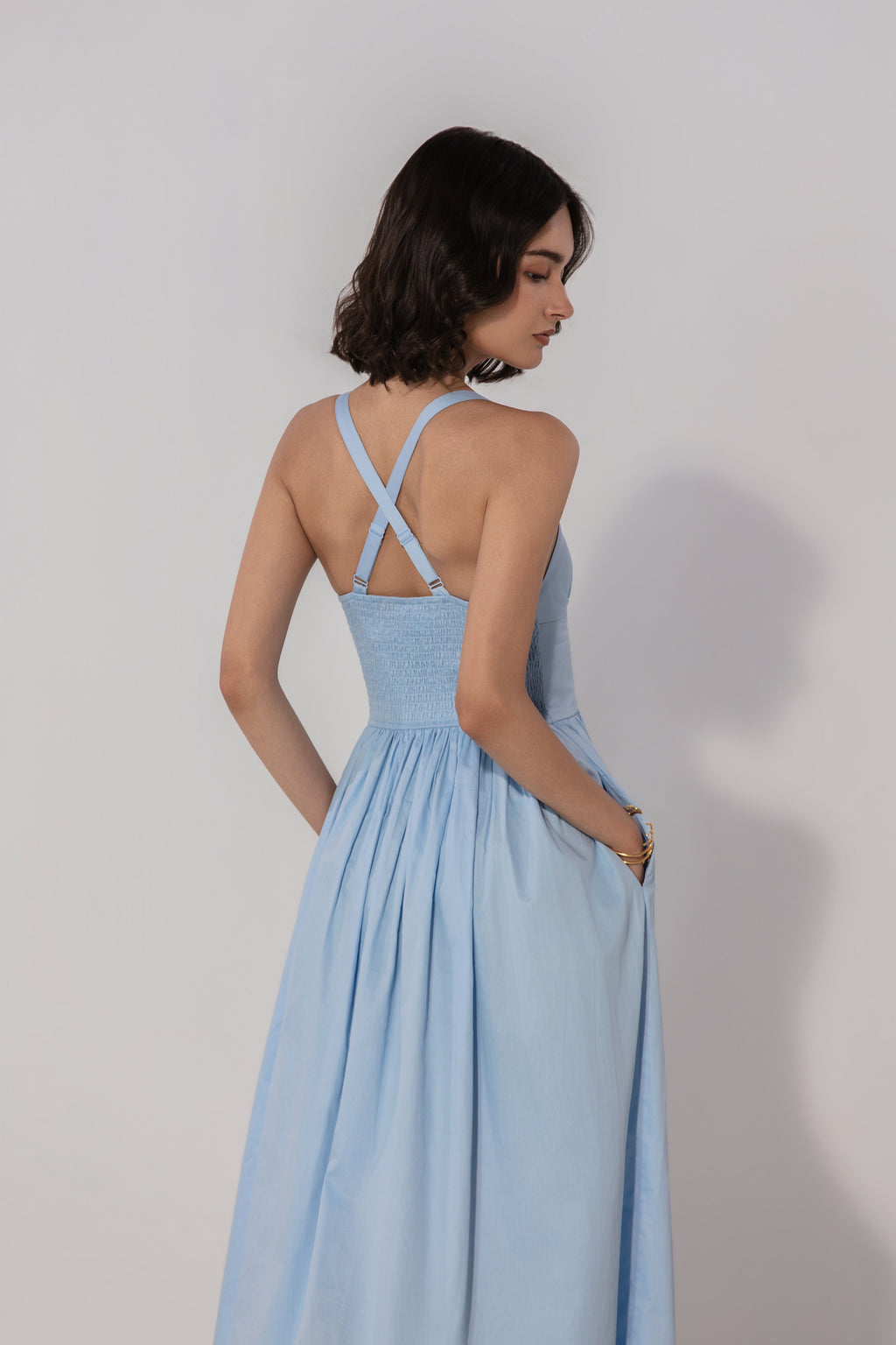 Steffy in Sky Gathered Cotton Silk Midi Dress