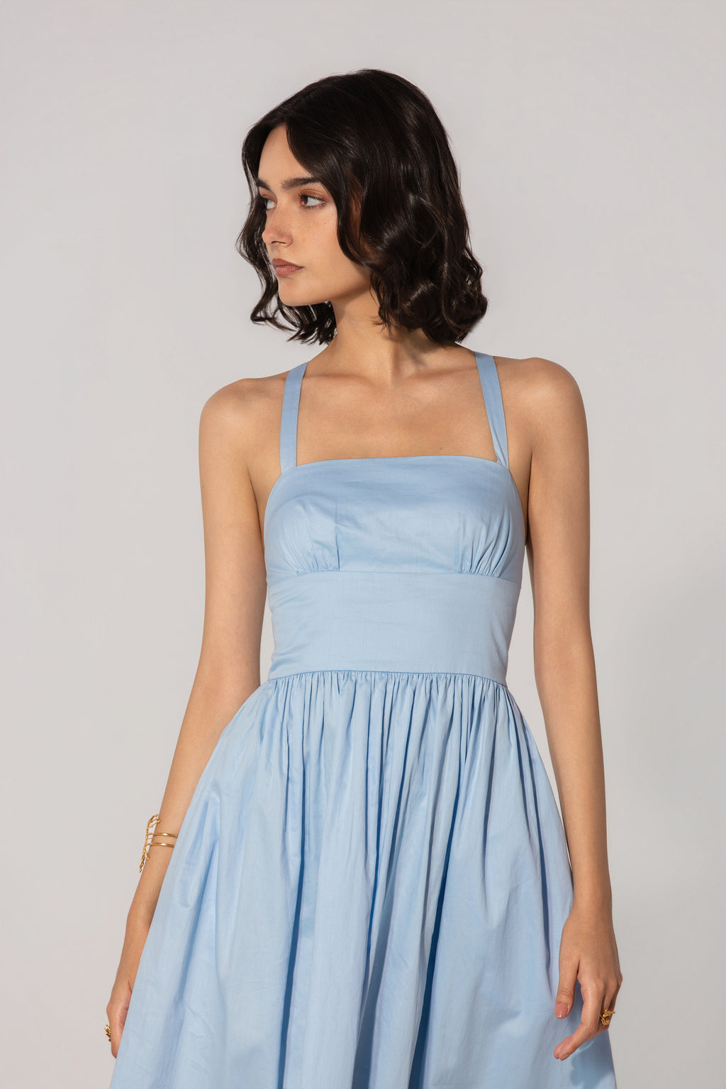 Steffy in Sky Gathered Cotton Silk Midi Dress