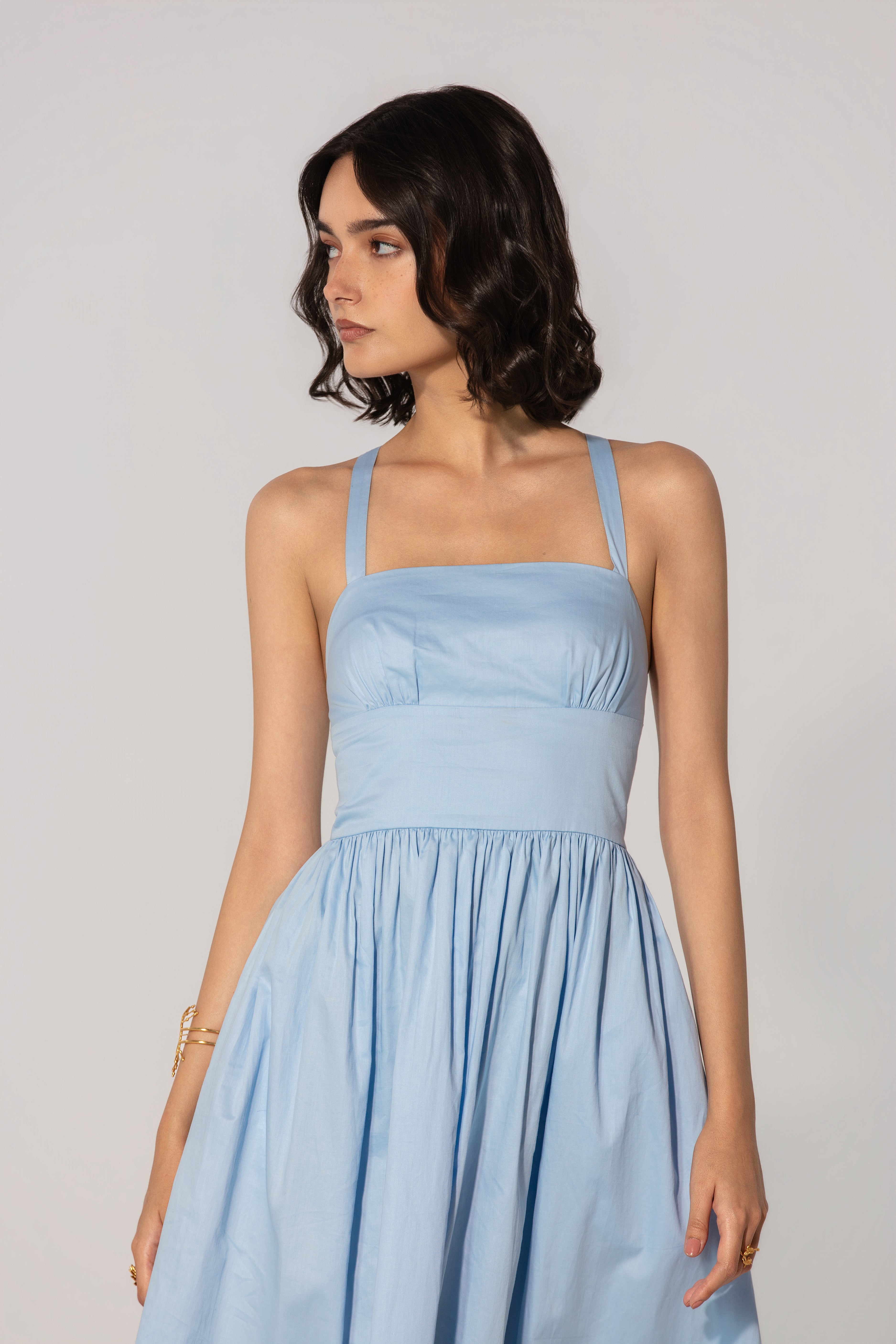 Steffy in Sky Gathered Cotton Silk Midi Dress