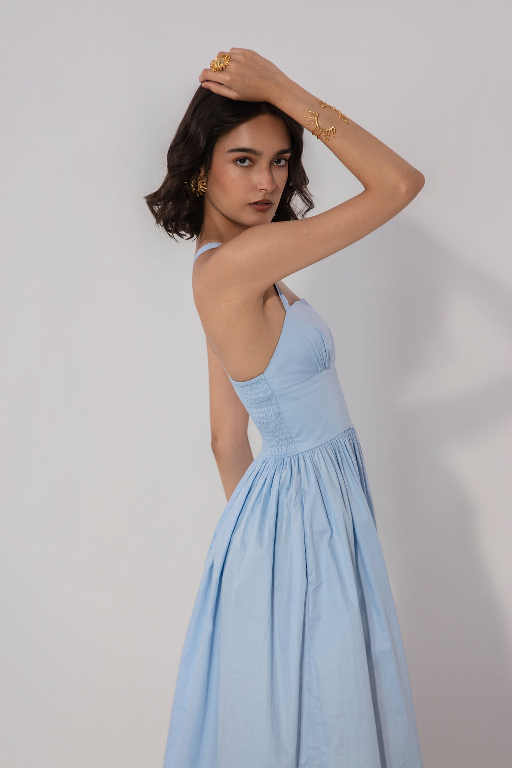 Steffy in Sky Gathered Cotton Silk Midi Dress
