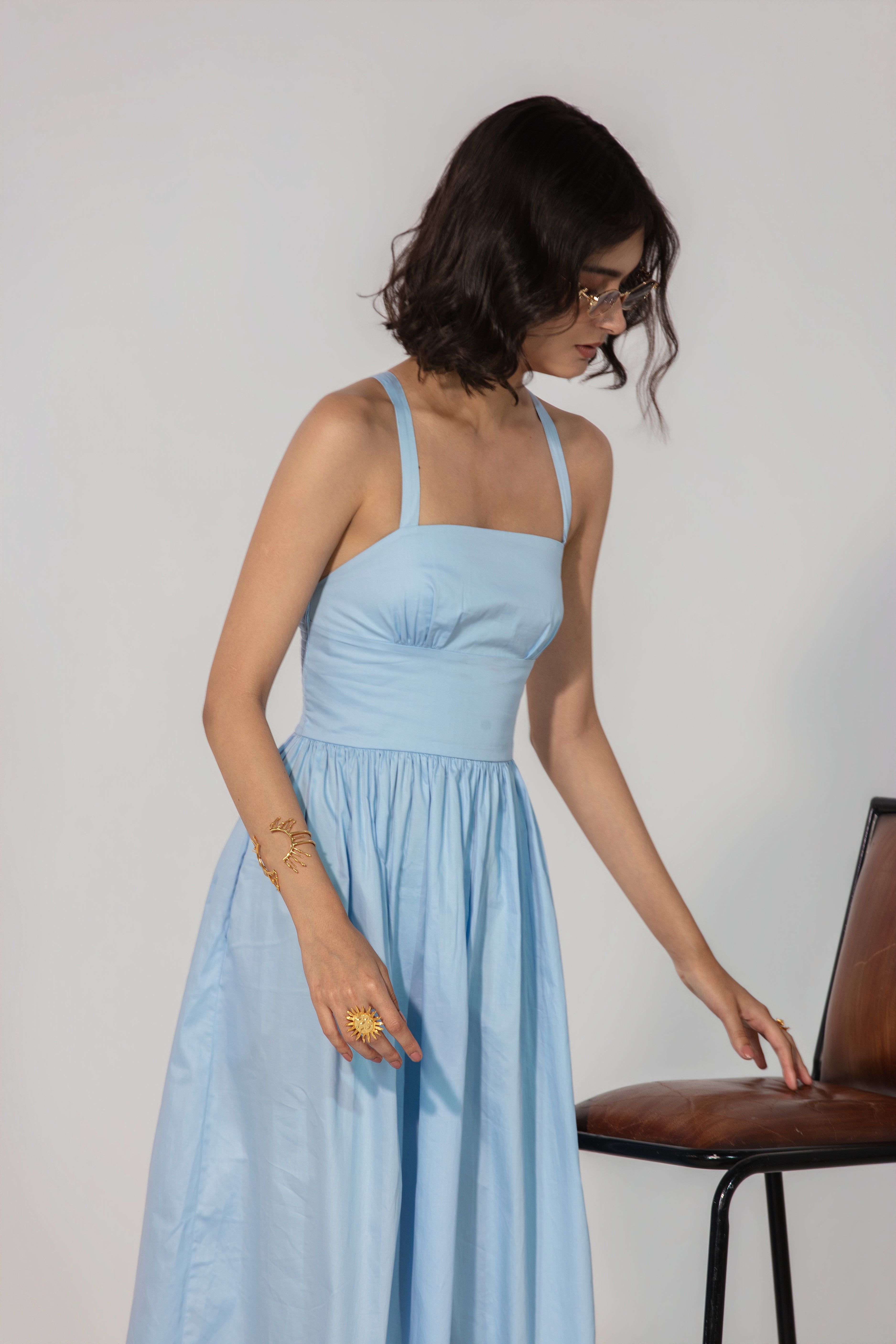 Steffy in Sky Gathered Cotton Silk Midi Dress