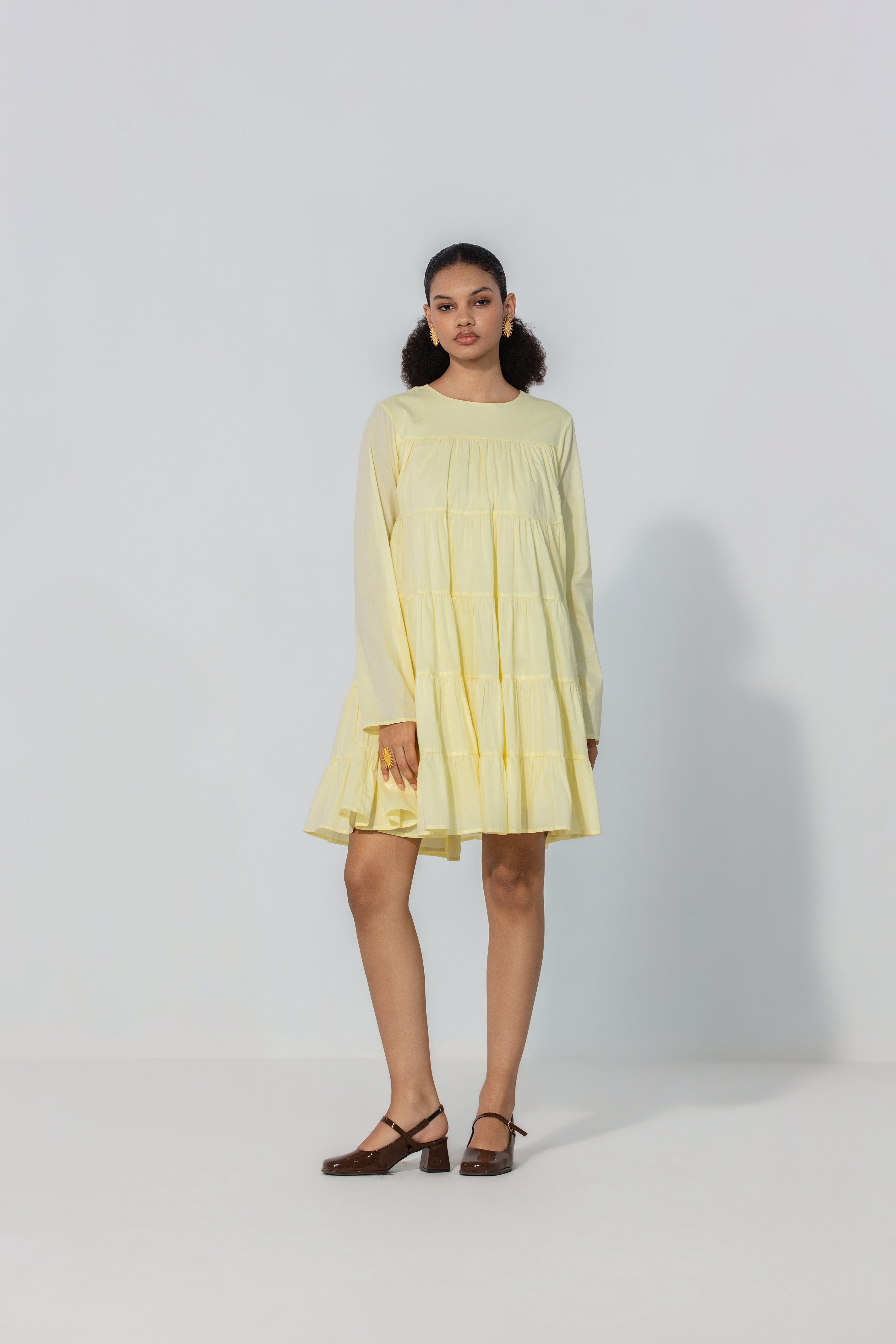 Lemon Tiered Cotton Mini Dress