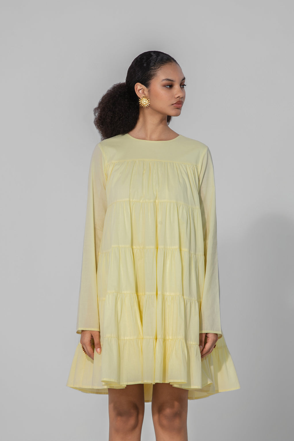 Lemon Tiered Cotton Mini Dress