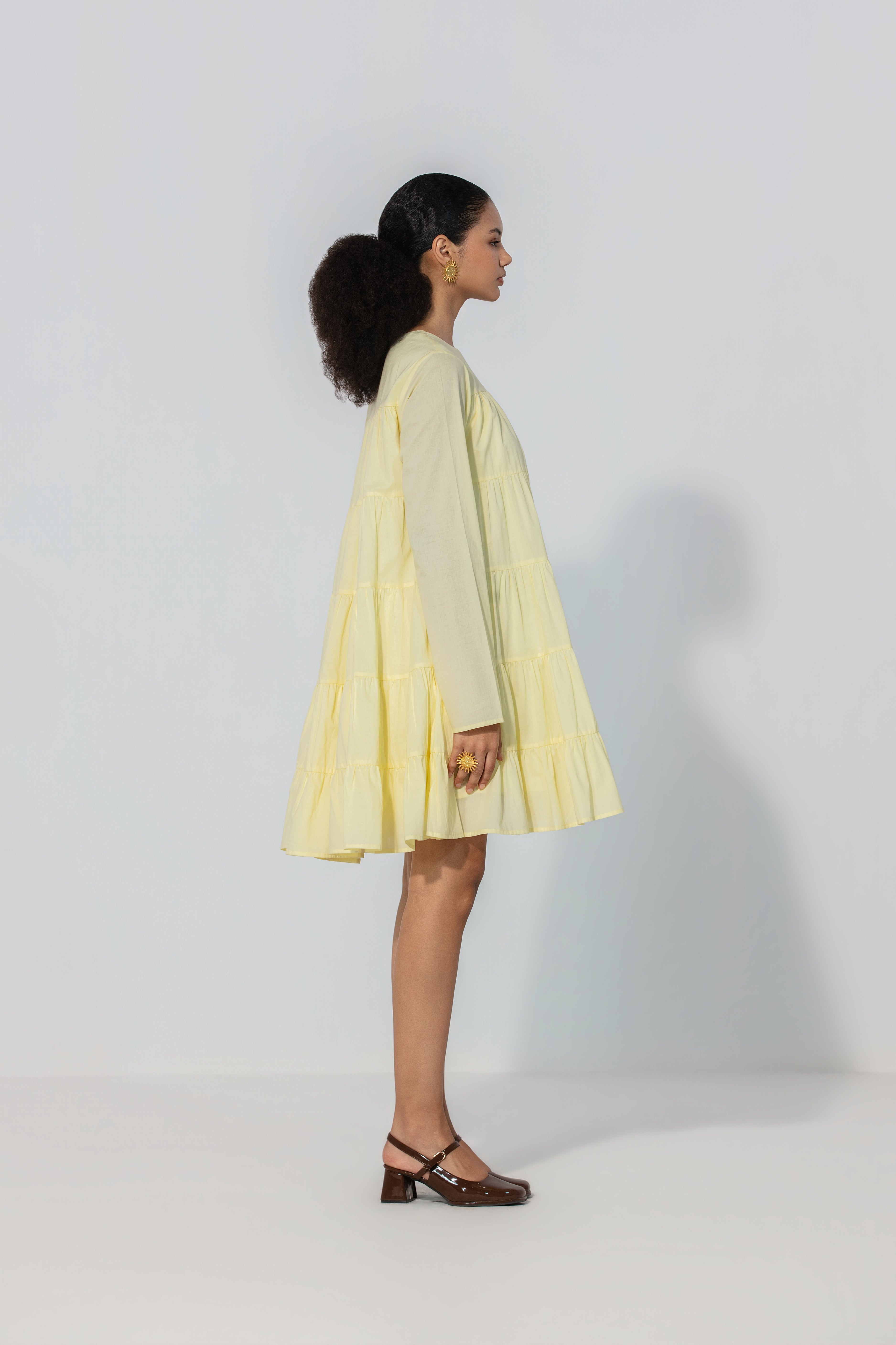 Lemon Tiered Cotton Mini Dress