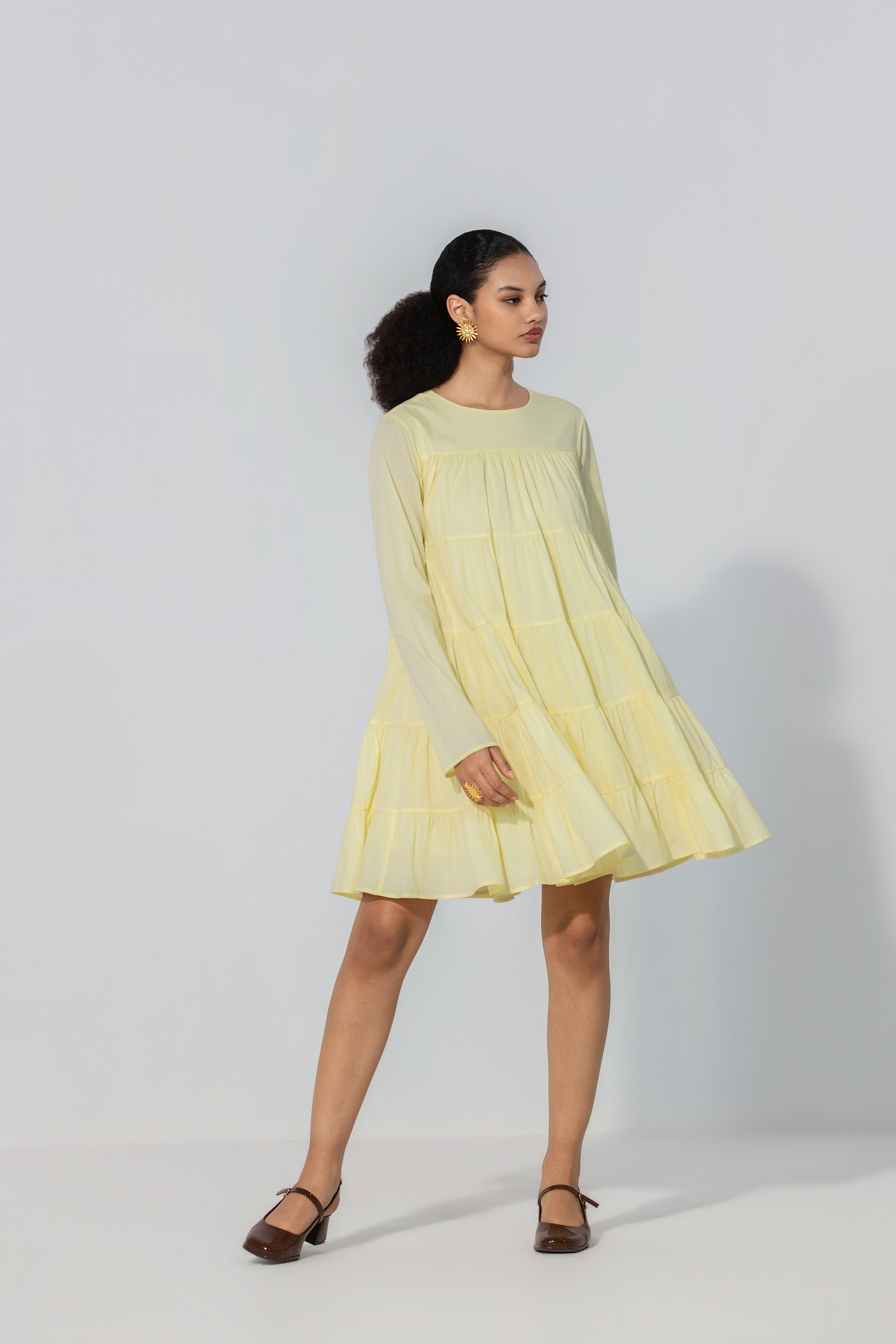 Lemon Tiered Cotton Mini Dress