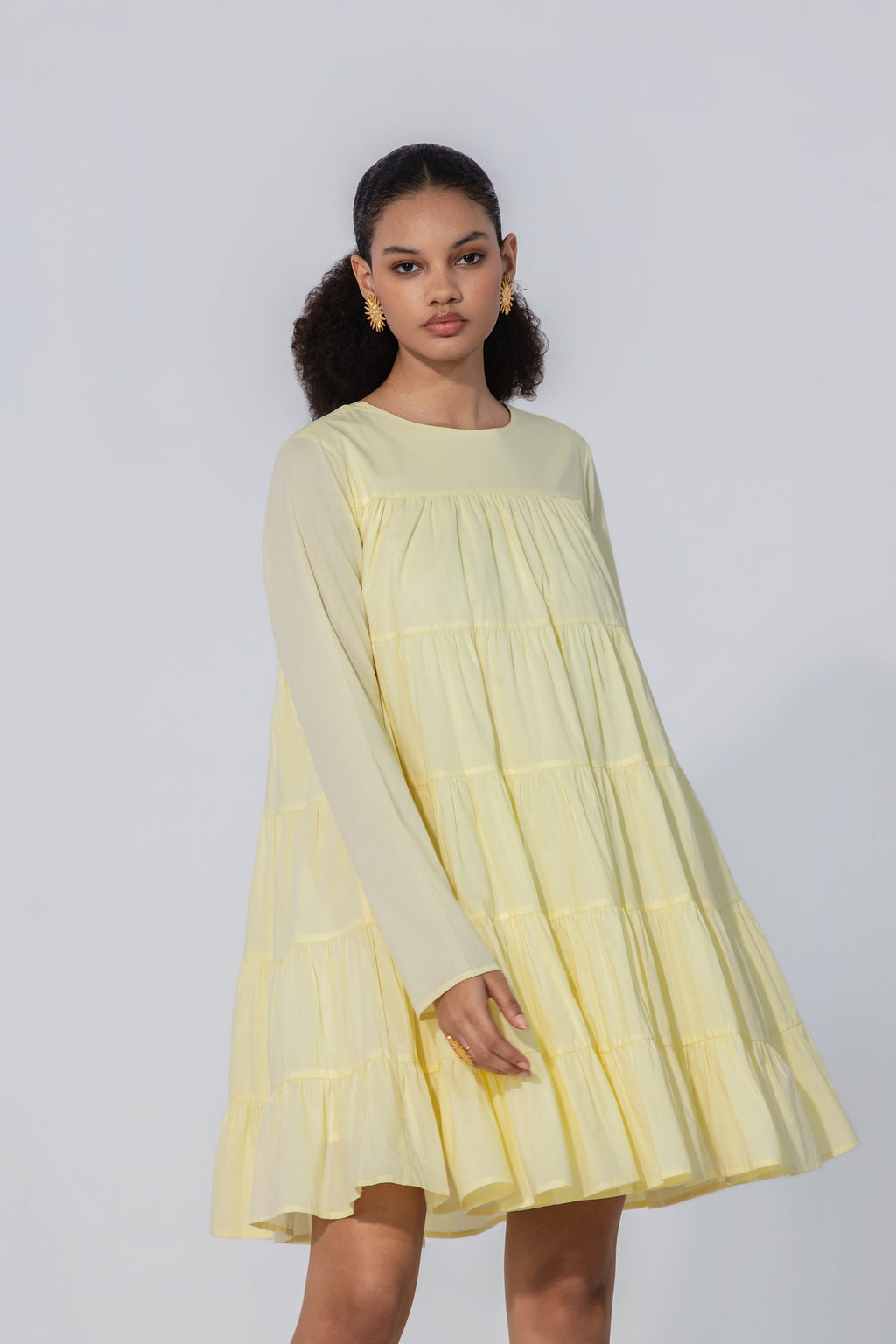Lemon Tiered Cotton Mini Dress