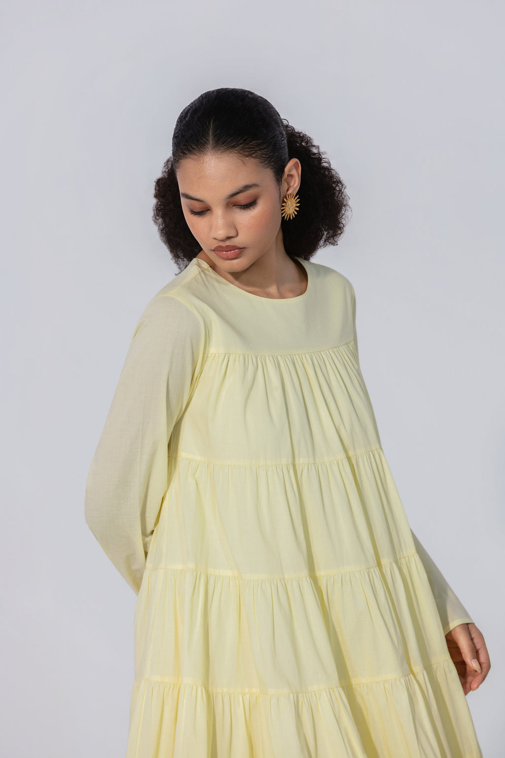 Lemon Tiered Cotton Mini Dress
