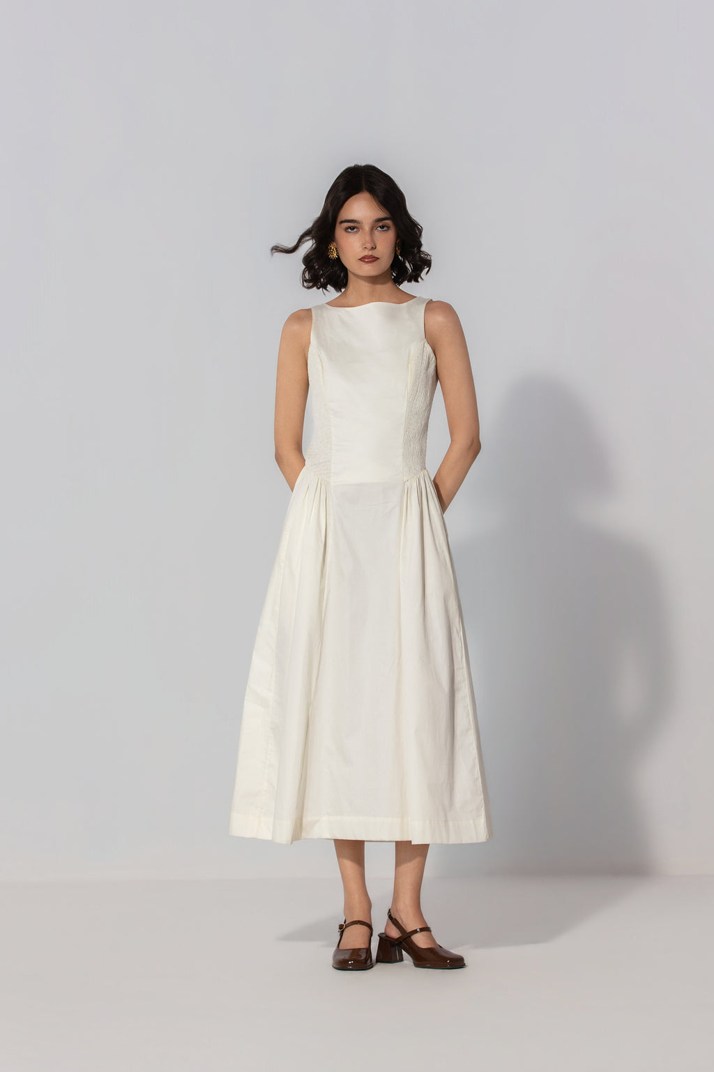 Ivory Shirred Panel Maxi Dress