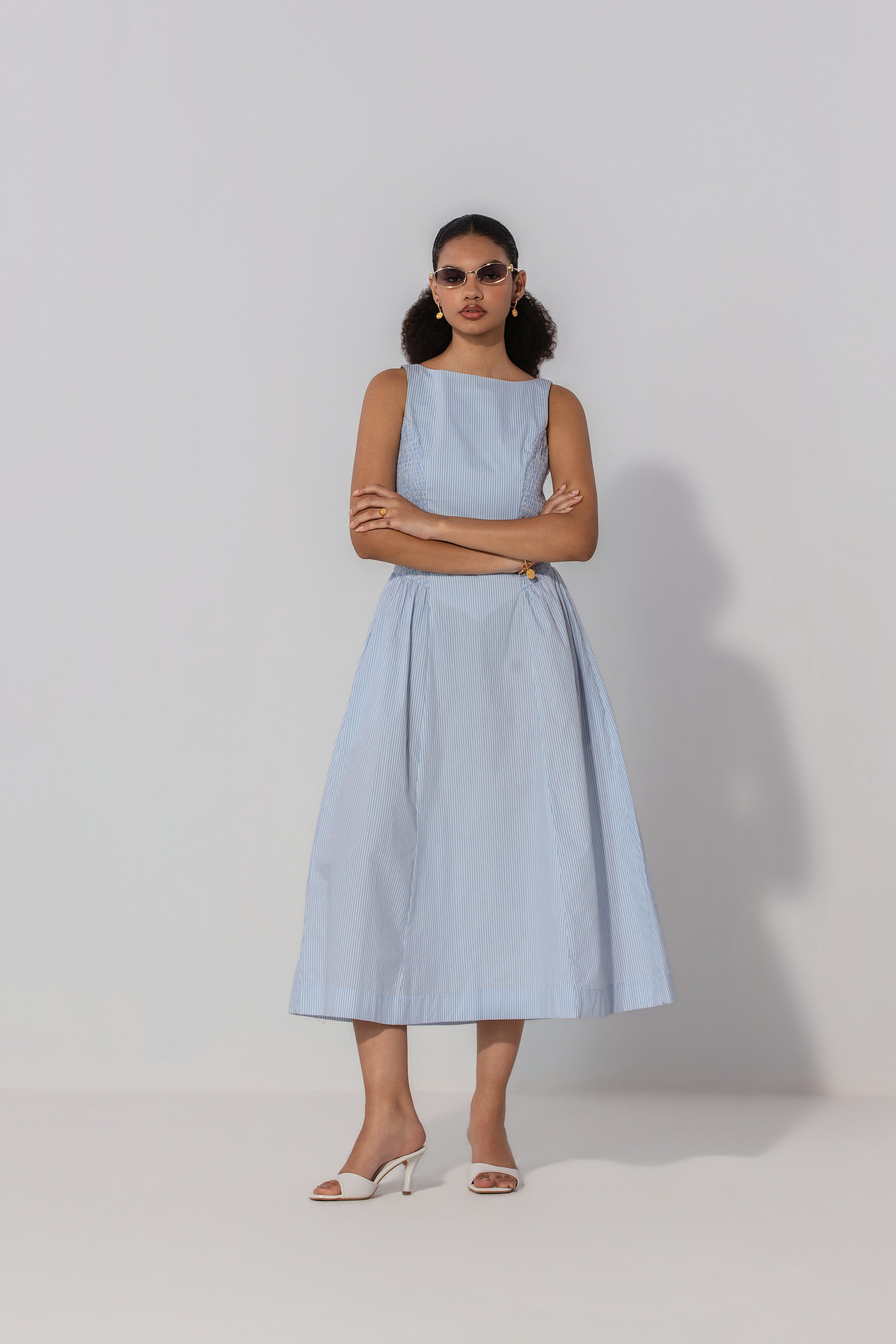 Vidushi in Sky Stripe Shirred Panel Maxi Dress