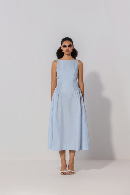 Becky in Sky Stripe Shirred Panel Midi Dress