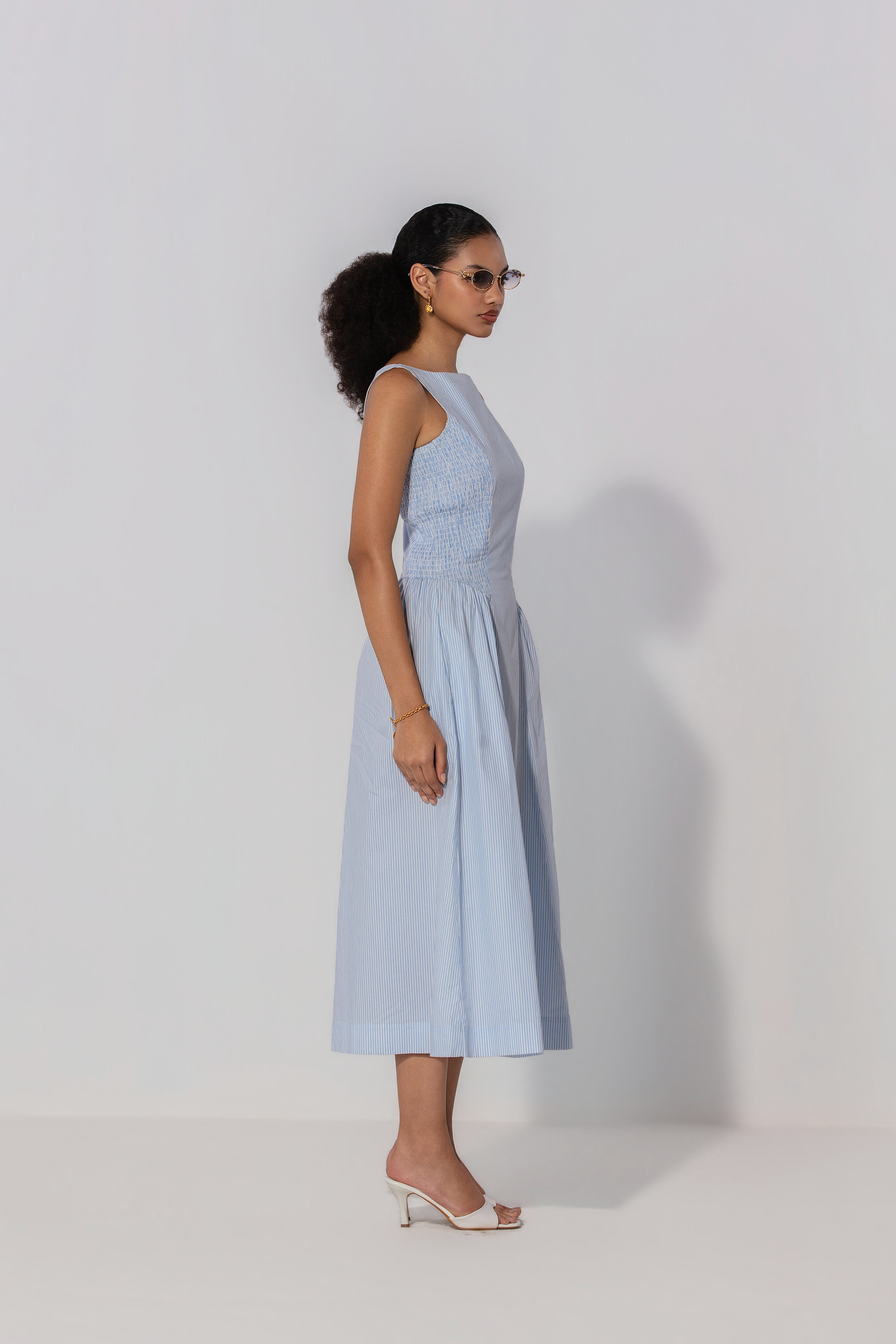 Becky in Sky Stripe Shirred Panel Maxi Dress