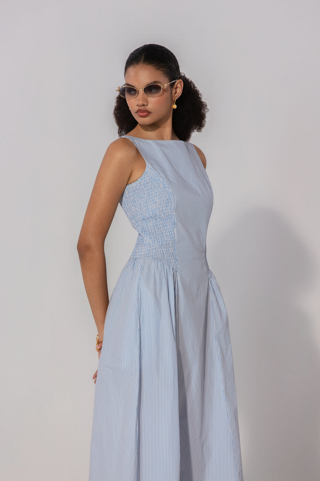 Vidushi in Sky Stripe Shirred Panel Maxi Dress