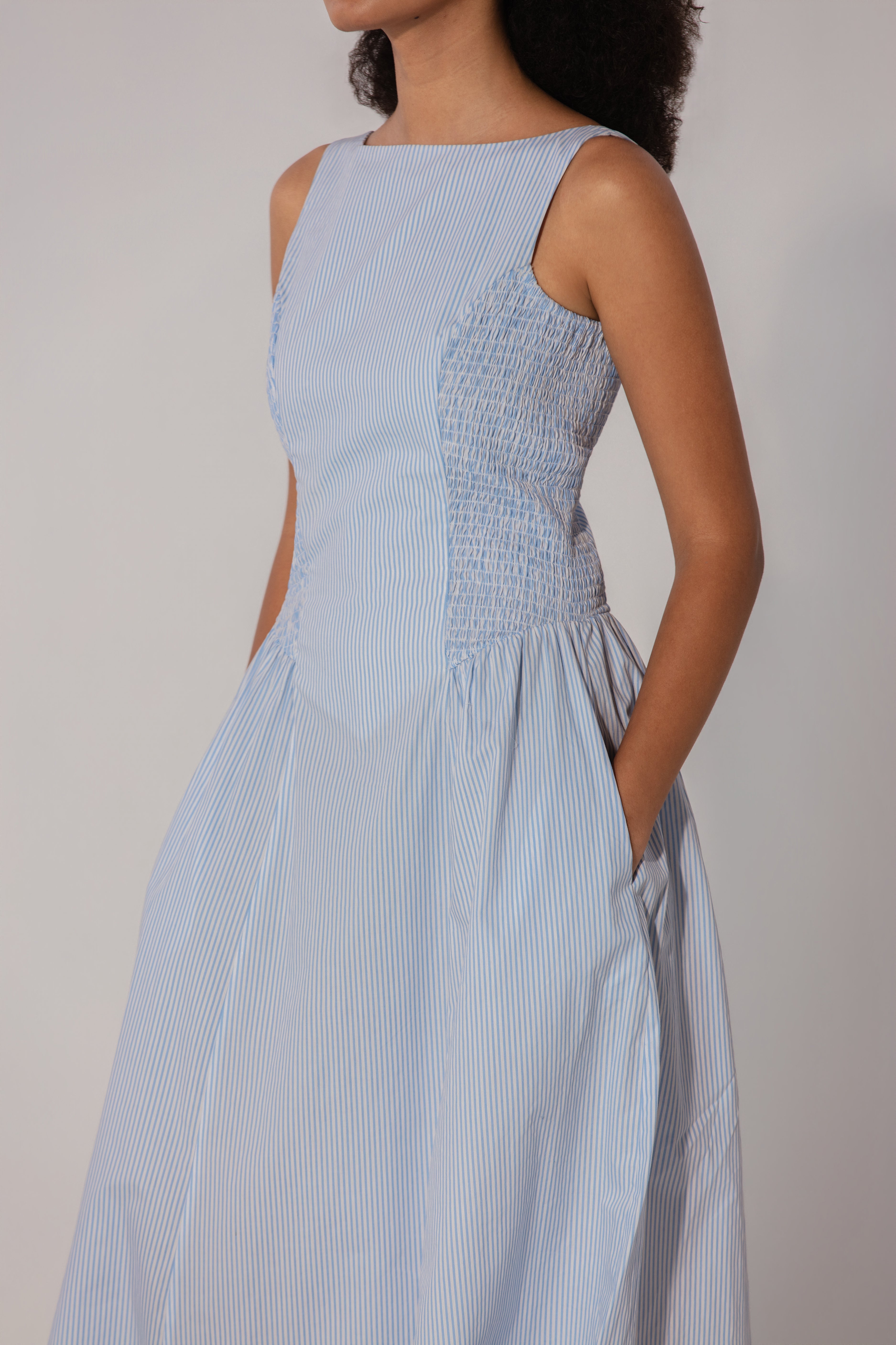 Sky Stripe Shirred Panel Maxi Dress