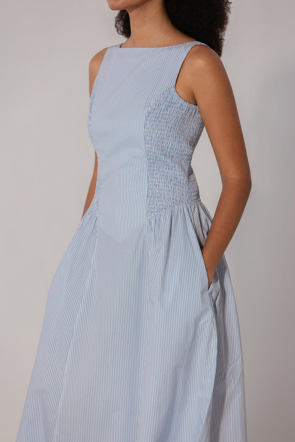 Nischita in Sky Stripe Shirred Panel Maxi Dress