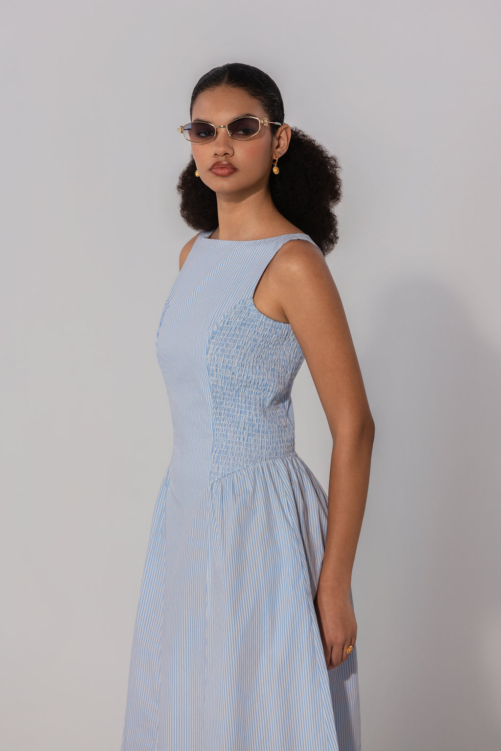 Nischita in Sky Stripe Shirred Panel Maxi Dress