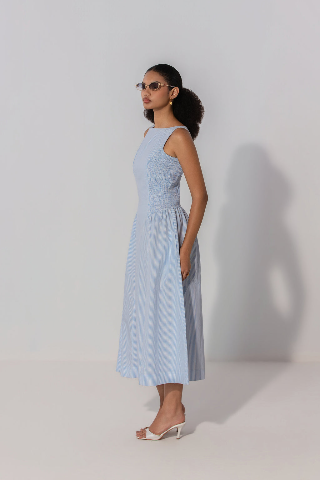 Vidushi in Sky Stripe Shirred Panel Maxi Dress