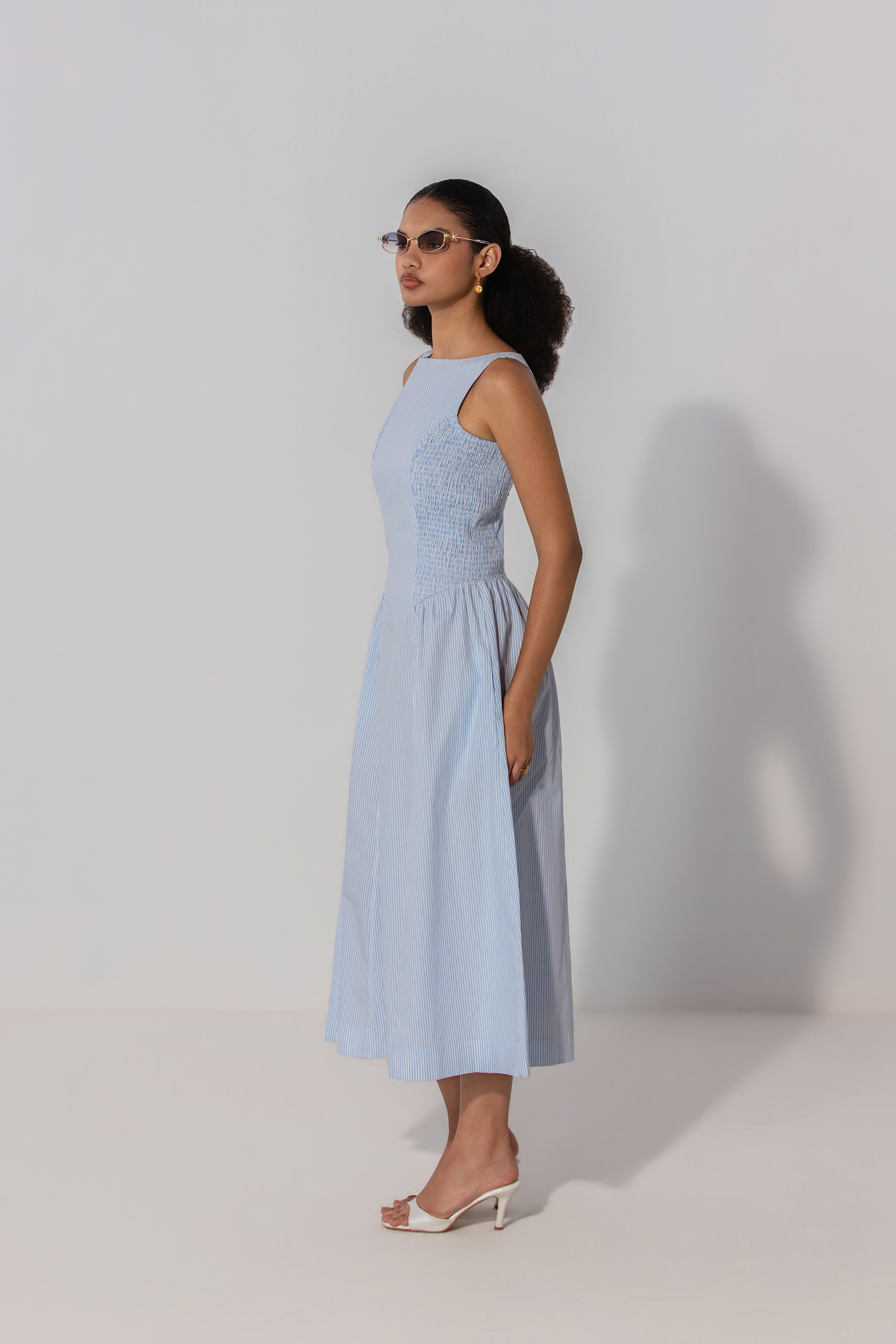 Nischita in Sky Stripe Shirred Panel Maxi Dress