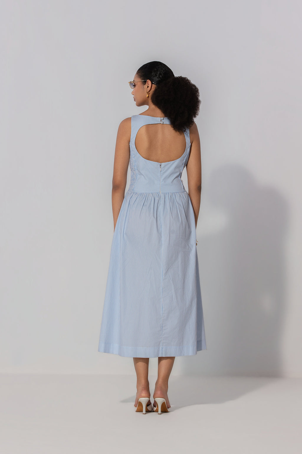 Nischita in Sky Stripe Shirred Panel Maxi Dress