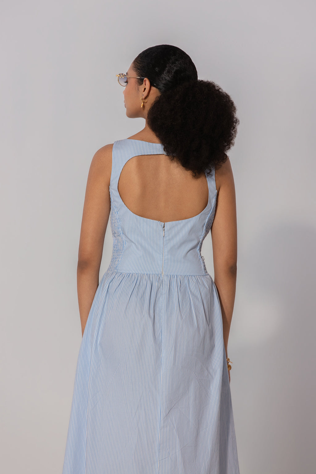 Nischita in Sky Stripe Shirred Panel Maxi Dress