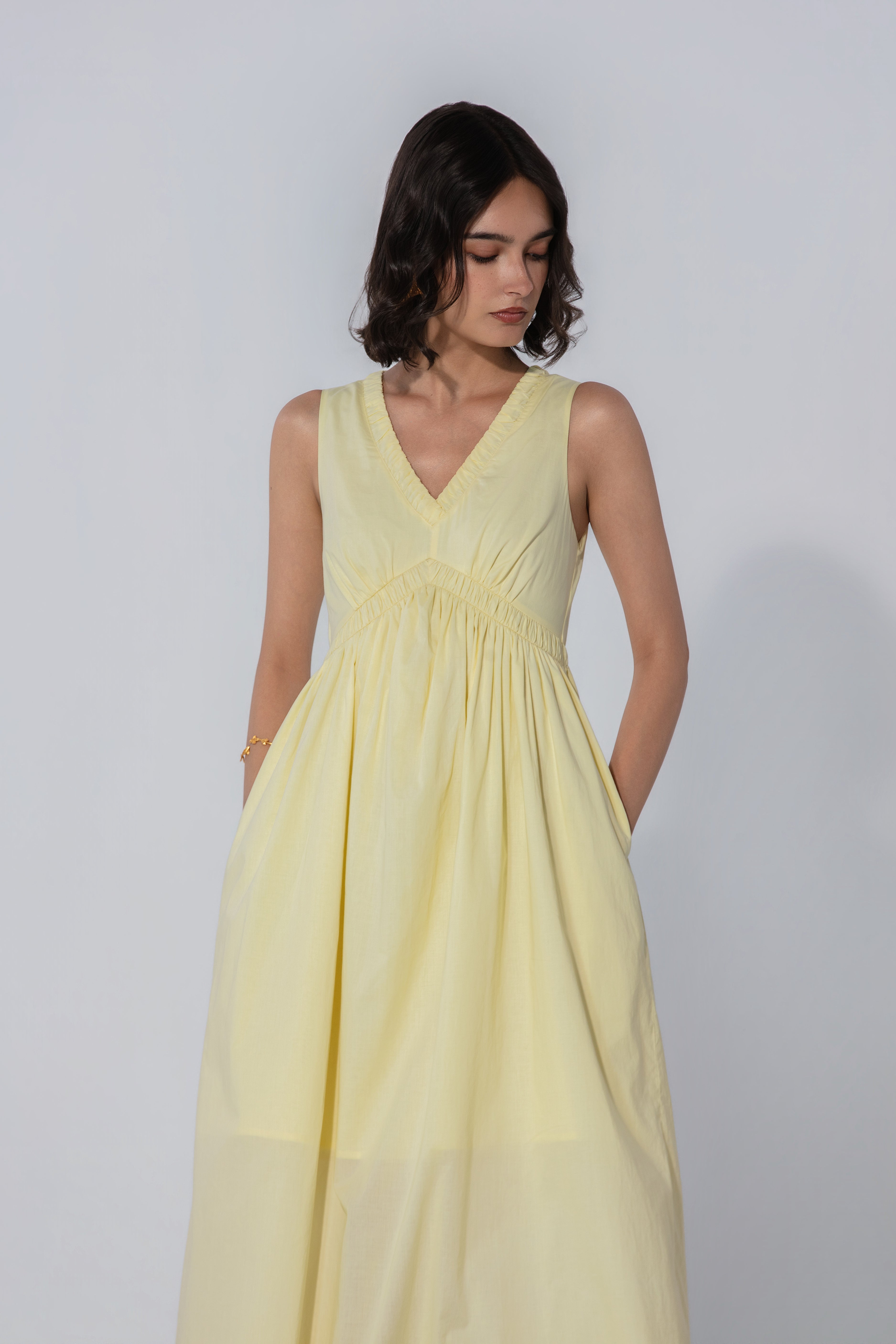 Paris in Butter V-Neck Gathered Maxi Dress