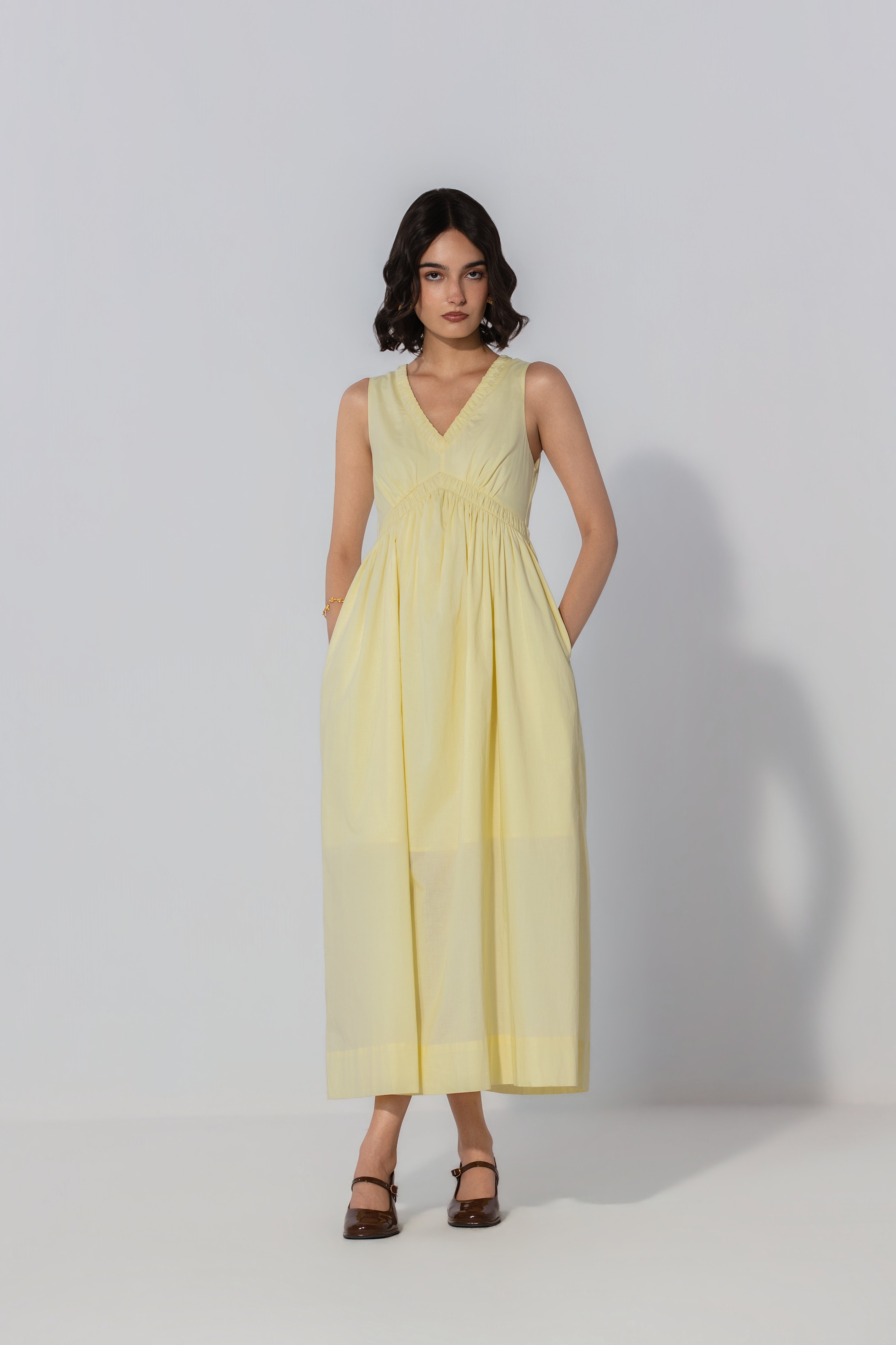 Paris in Butter V-Neck Gathered Maxi Dress