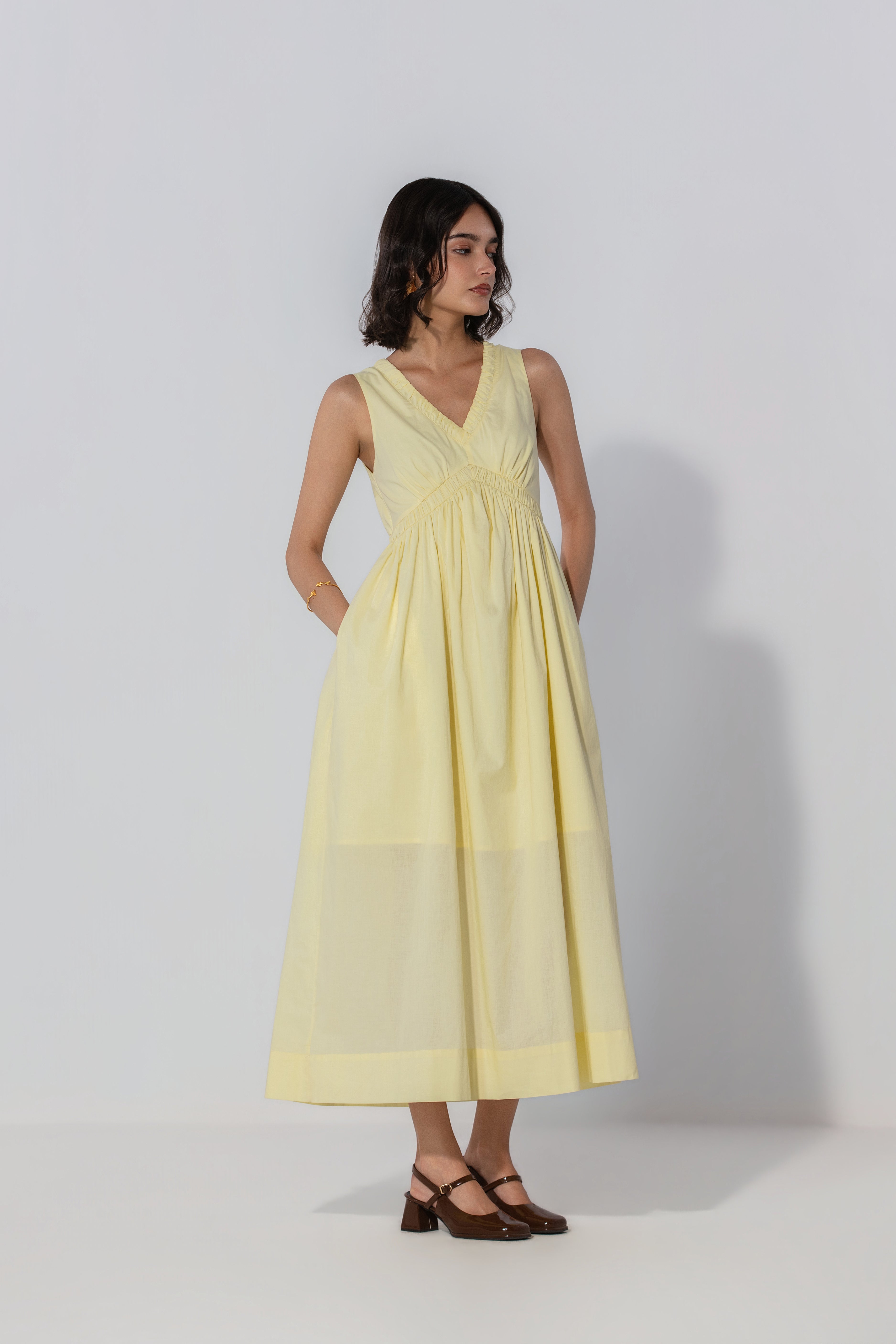 Paris in Butter V-Neck Gathered Maxi Dress