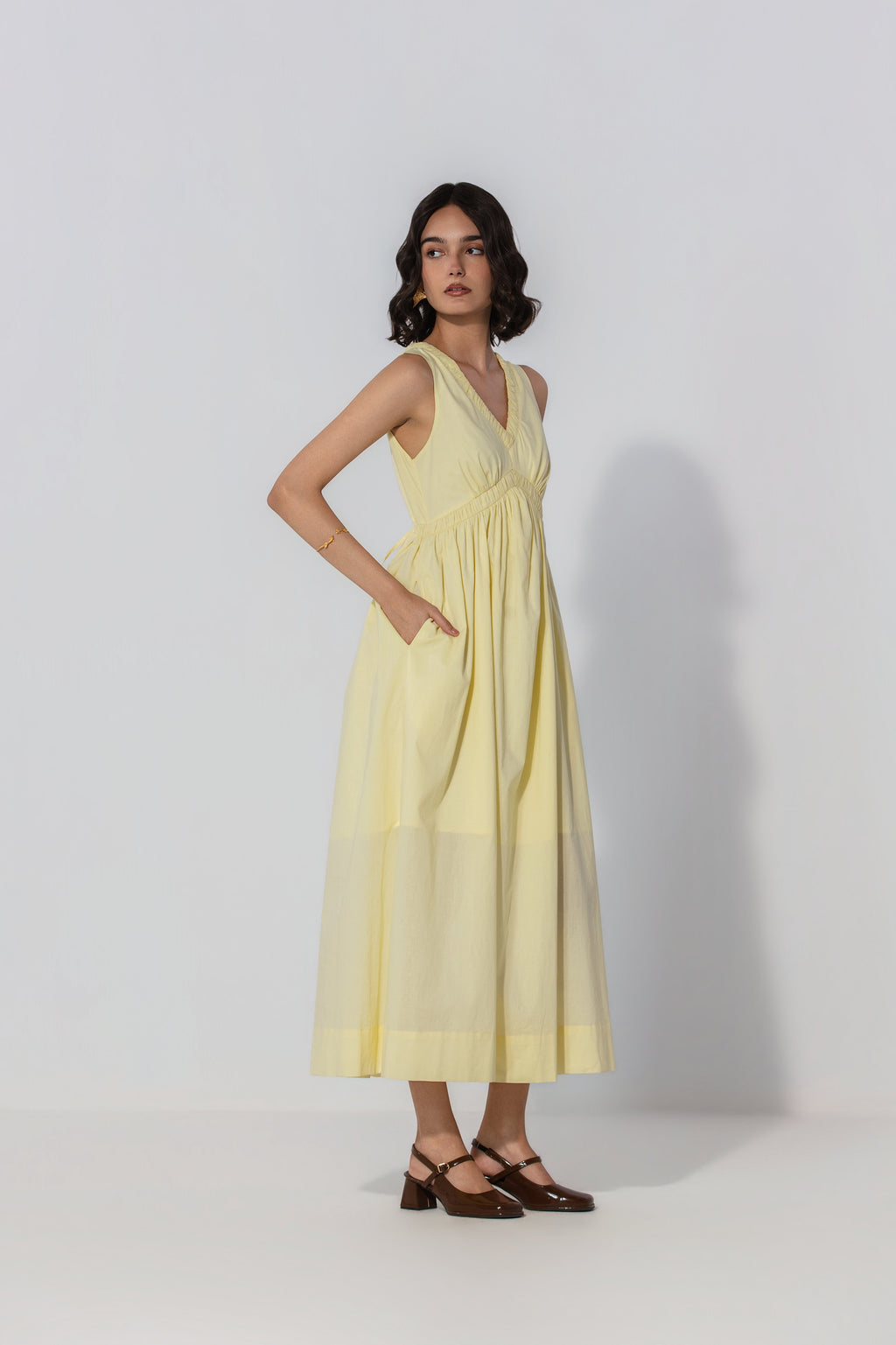 Paris in Butter V-Neck Gathered Maxi Dress