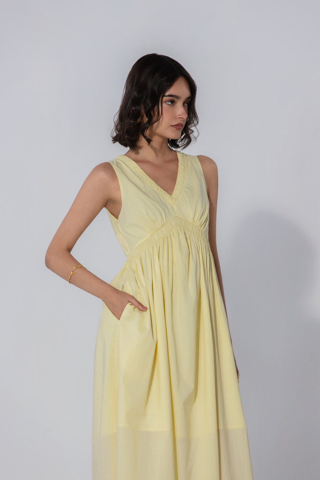 Paris in Butter V-Neck Gathered Maxi Dress