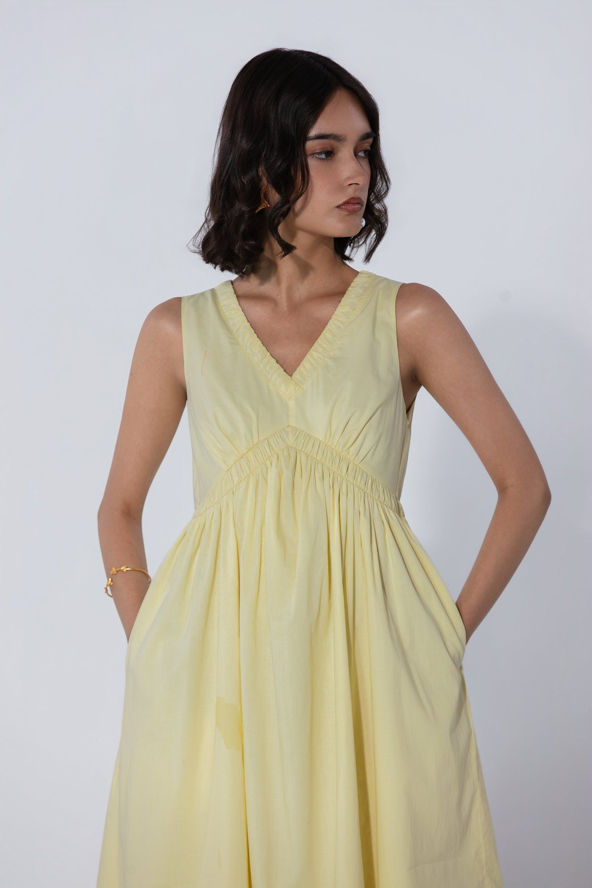 Paris in Butter V-Neck Gathered Maxi Dress