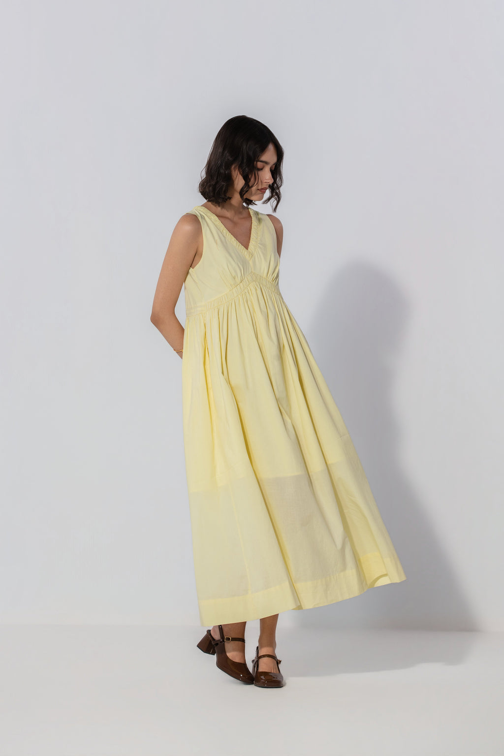 Paris in Butter V-Neck Gathered Maxi Dress