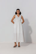 Ivory V-Neck Gathered Maxi Dress