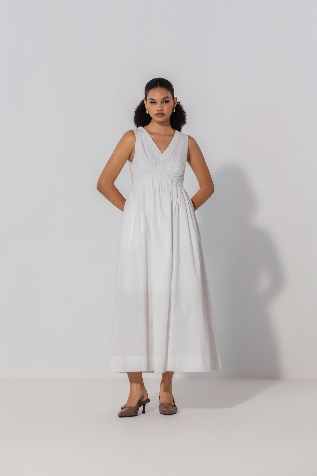 Bella in Ivory V-Neck Gathered Maxi Dress