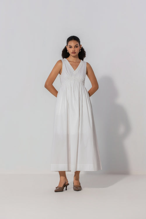 Bella in Ivory V-Neck Gathered Maxi Dress