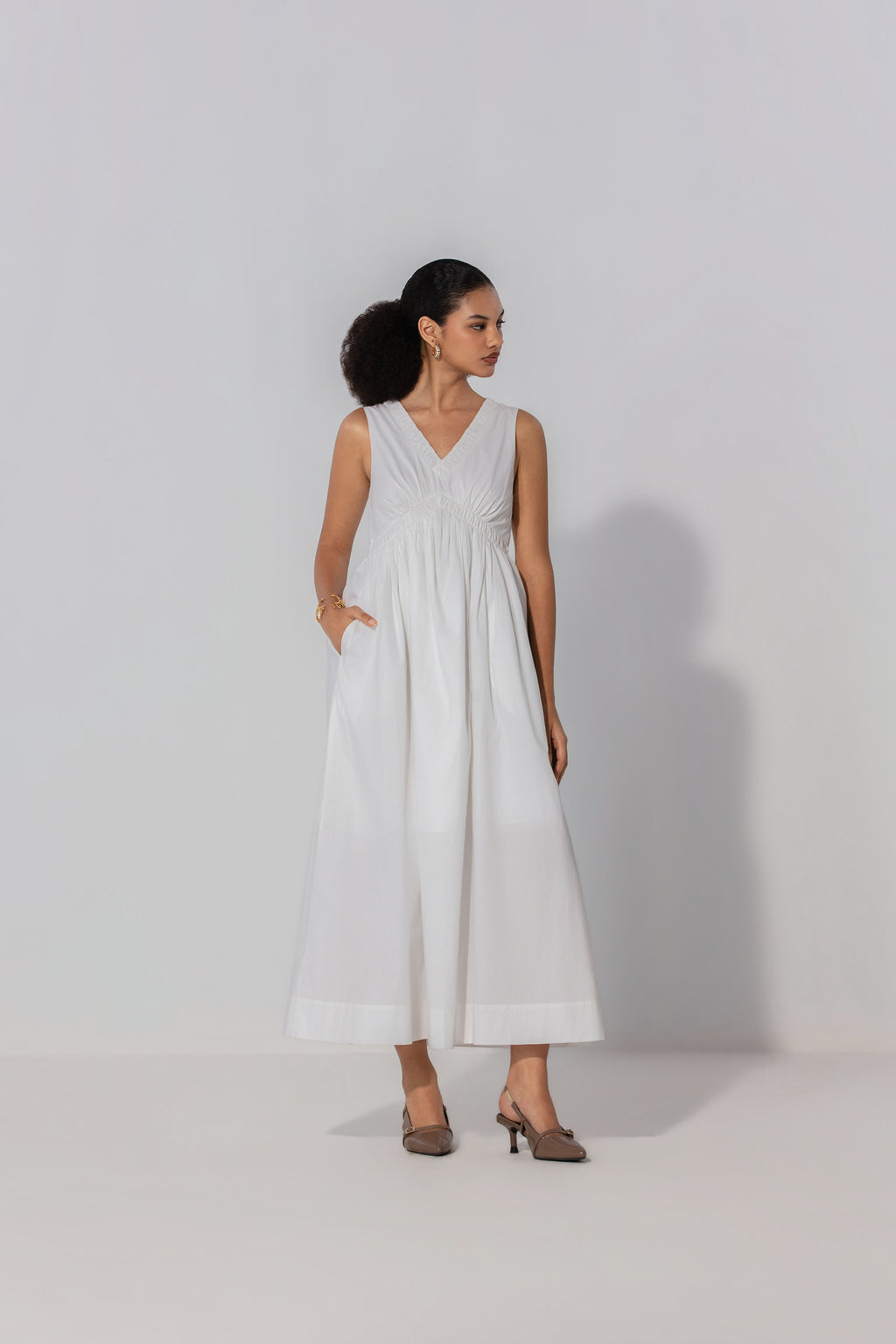 Bella in Ivory V-Neck Gathered Maxi Dress