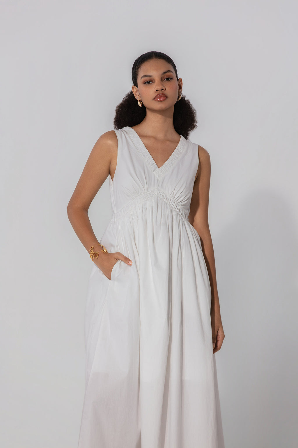 Bella in Ivory V-Neck Gathered Maxi Dress