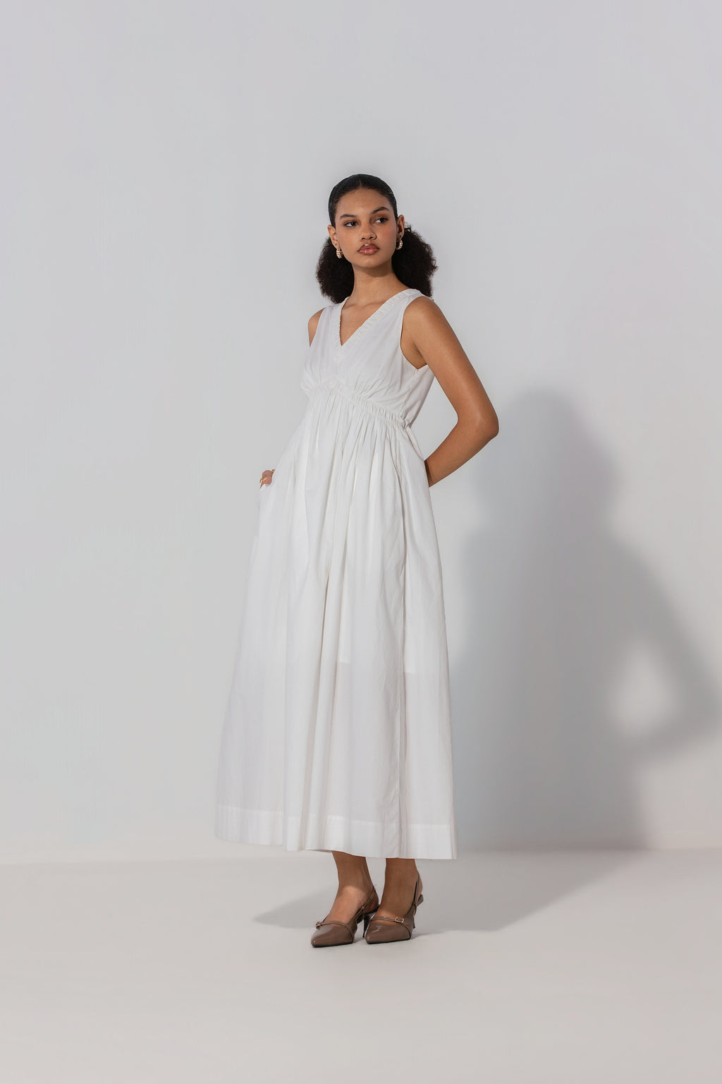 Bella in Ivory V-Neck Gathered Maxi Dress
