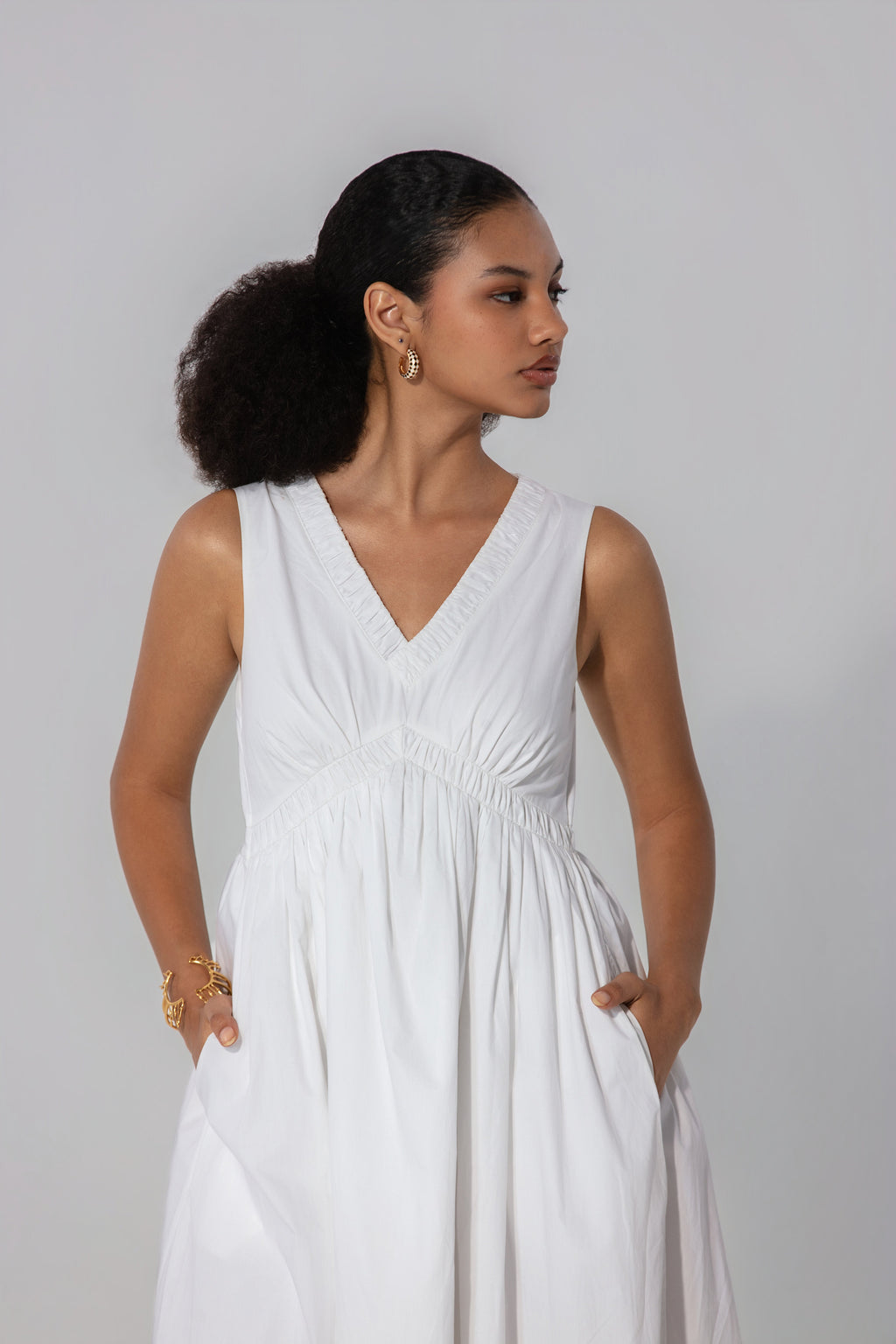 Bella in Ivory V-Neck Gathered Maxi Dress