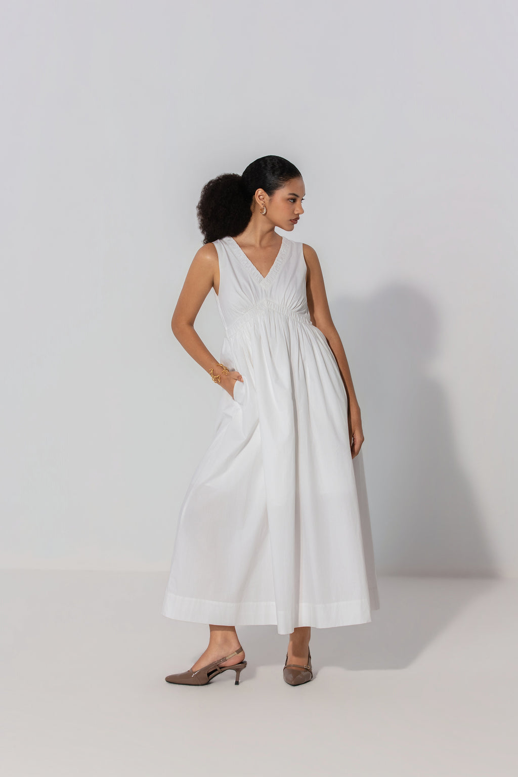 Ivory V-Neck Gathered Maxi Dress
