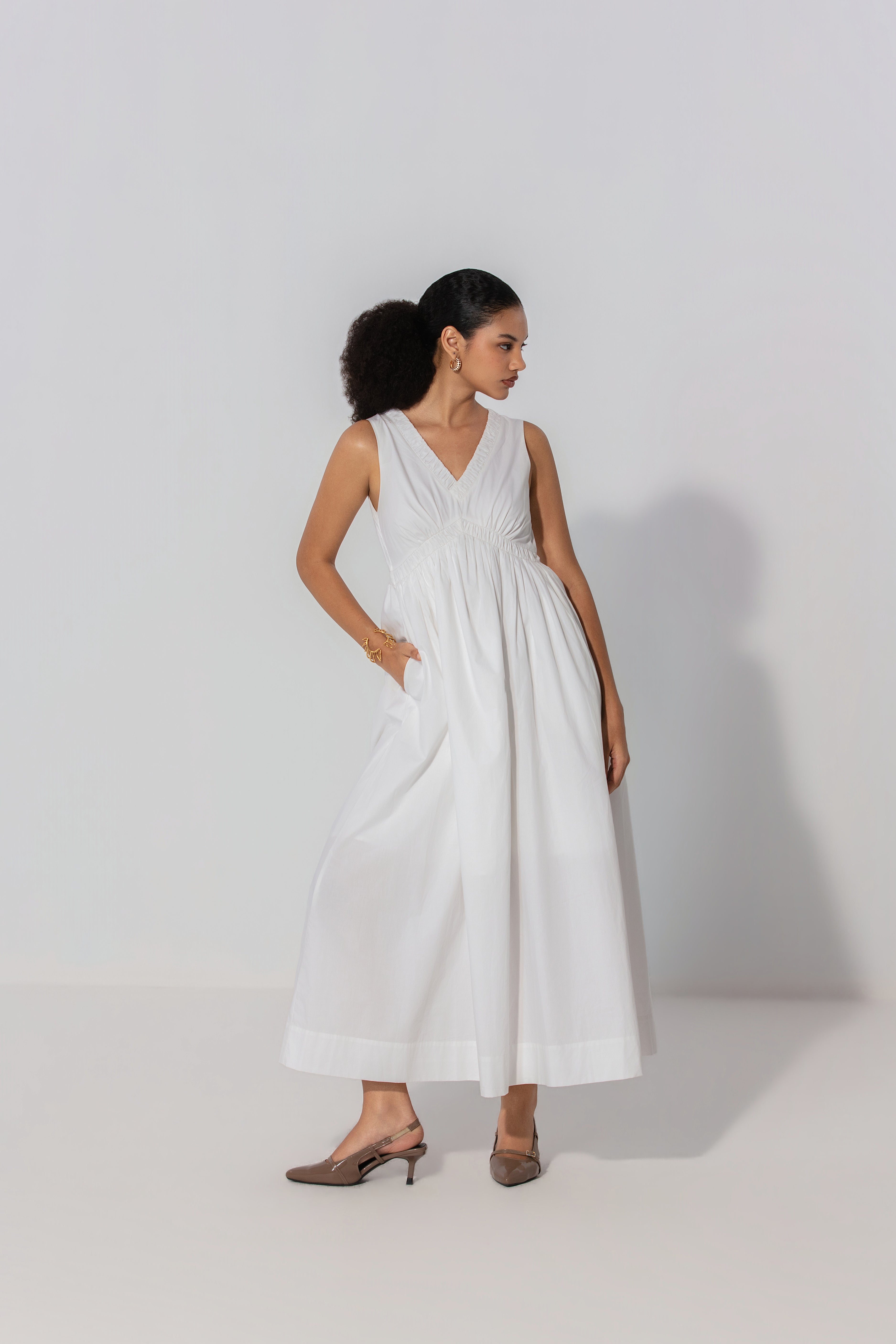 Bella in Ivory V-Neck Gathered Maxi Dress