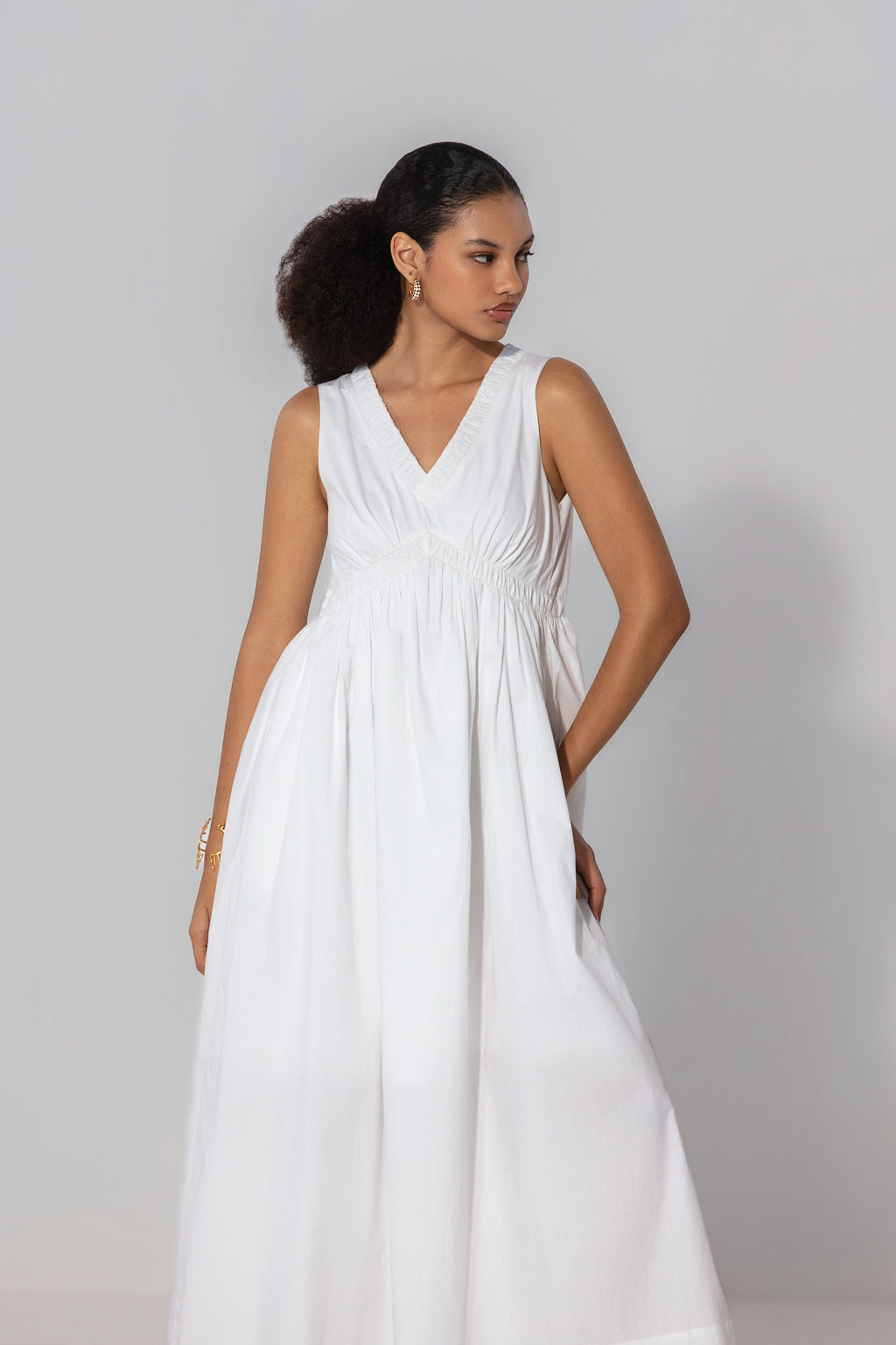 Bella in Ivory V-Neck Gathered Maxi Dress