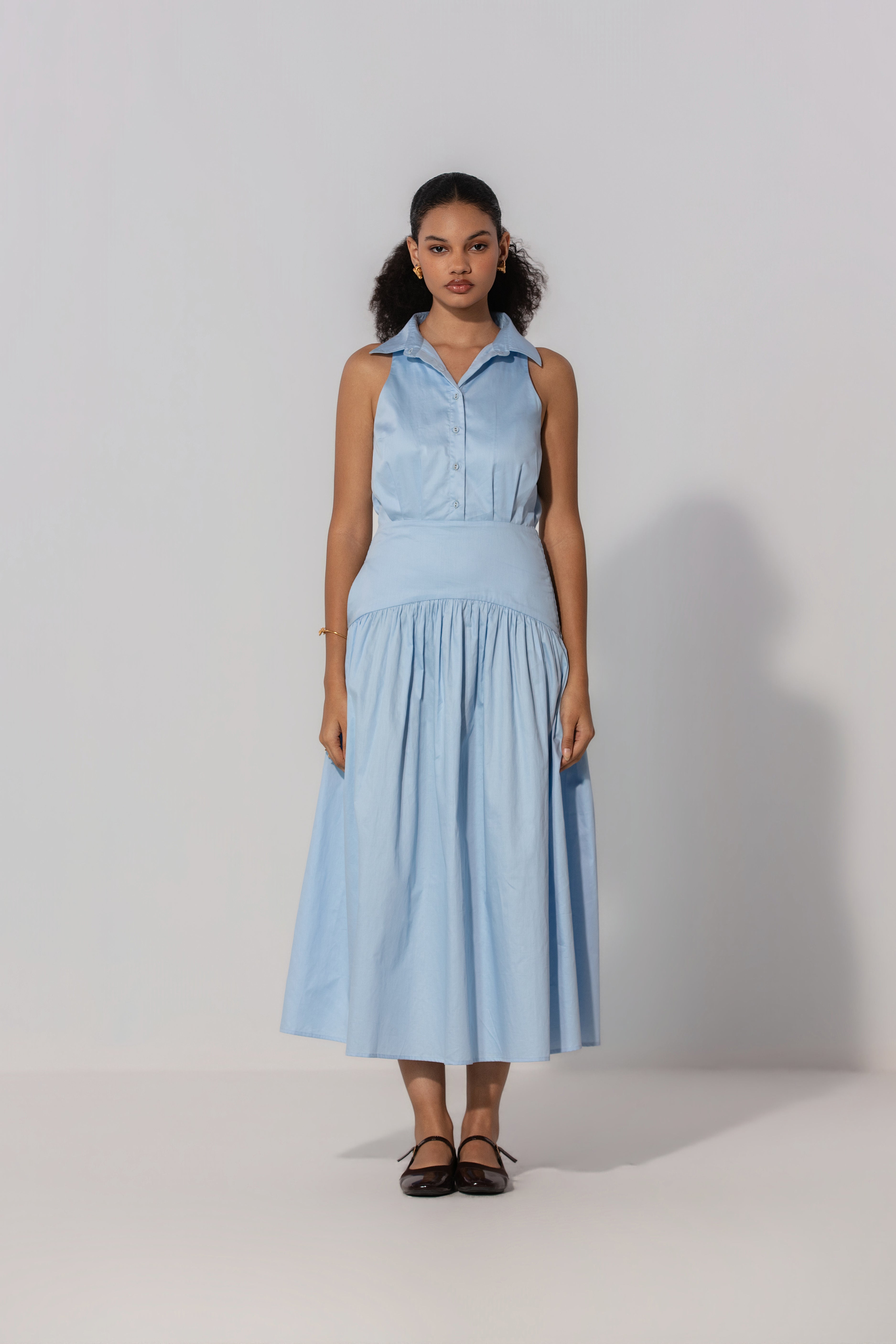 Sky Collared Drop-Waist Maxi Dress